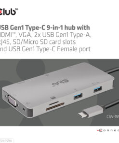 CLUB3D Type-C 9-in-1 hub with HDMI, VGA, 2x USB Gen1 Type-A,RJ45,SD/Micro SD card slots and USB Type-C oplaad mogelijkheid tot max 100Watt( Ook geschikt voor Apple M1 en Thunderbolt 3) - Afbeelding 7
