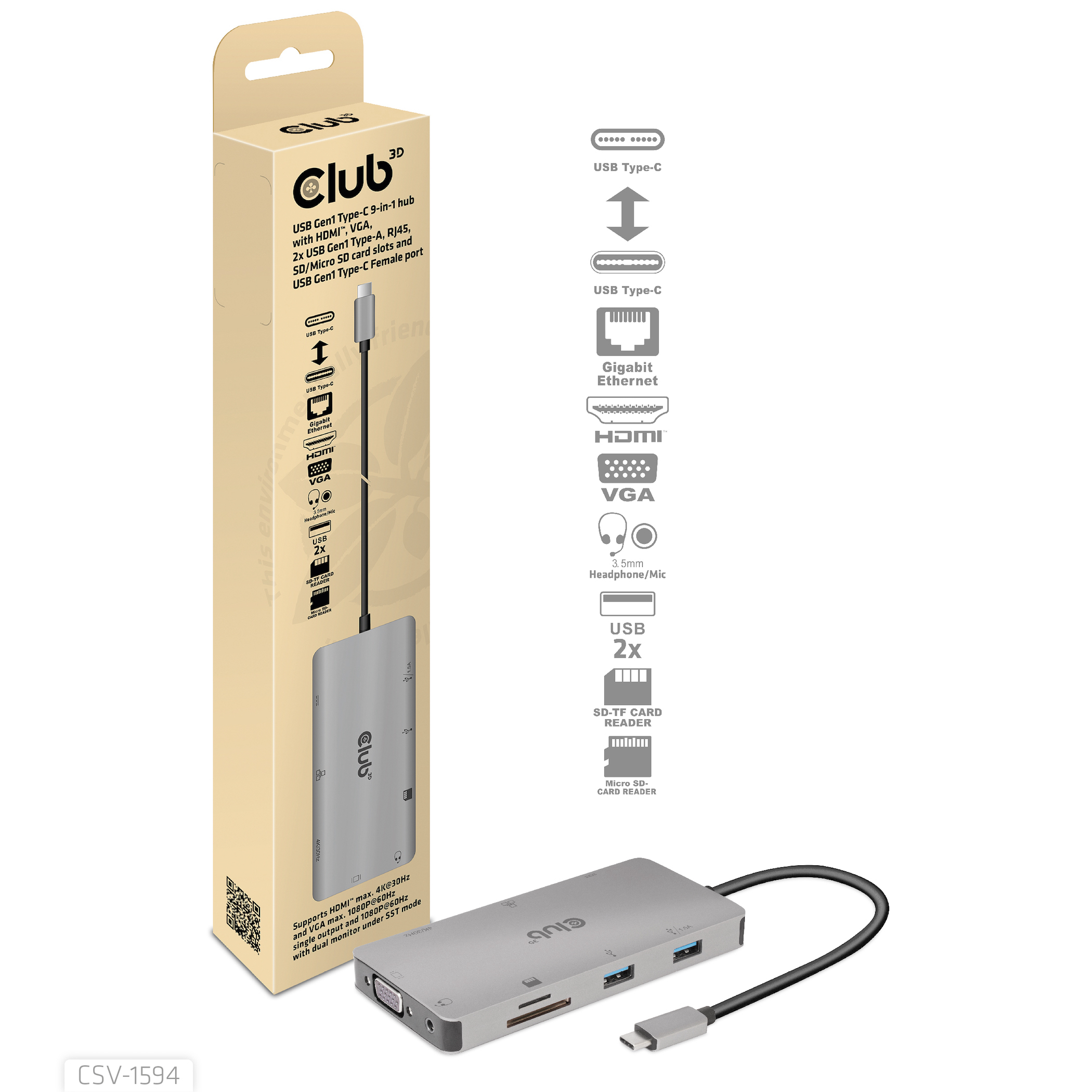 CLUB3D Type-C 9-in-1 hub with HDMI, VGA, 2x USB Gen1 Type-A,RJ45,SD/Micro SD card slots and USB Type-C oplaad mogelijkheid tot max 100Watt( Ook geschikt voor Apple M1 en Thunderbolt 3) - Afbeelding 6