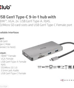 CLUB3D Type-C 9-in-1 hub with HDMI, VGA, 2x USB Gen1 Type-A,RJ45,SD/Micro SD card slots and USB Type-C oplaad mogelijkheid tot max 100Watt( Ook geschikt voor Apple M1 en Thunderbolt 3) - Afbeelding 8