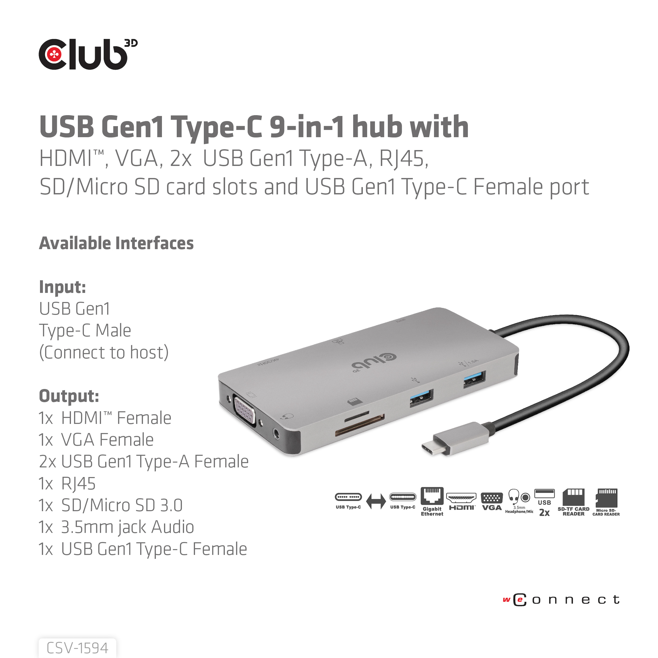 CLUB3D Type-C 9-in-1 hub with HDMI, VGA, 2x USB Gen1 Type-A,RJ45,SD/Micro SD card slots and USB Type-C oplaad mogelijkheid tot max 100Watt( Ook geschikt voor Apple M1 en Thunderbolt 3) - Afbeelding 8