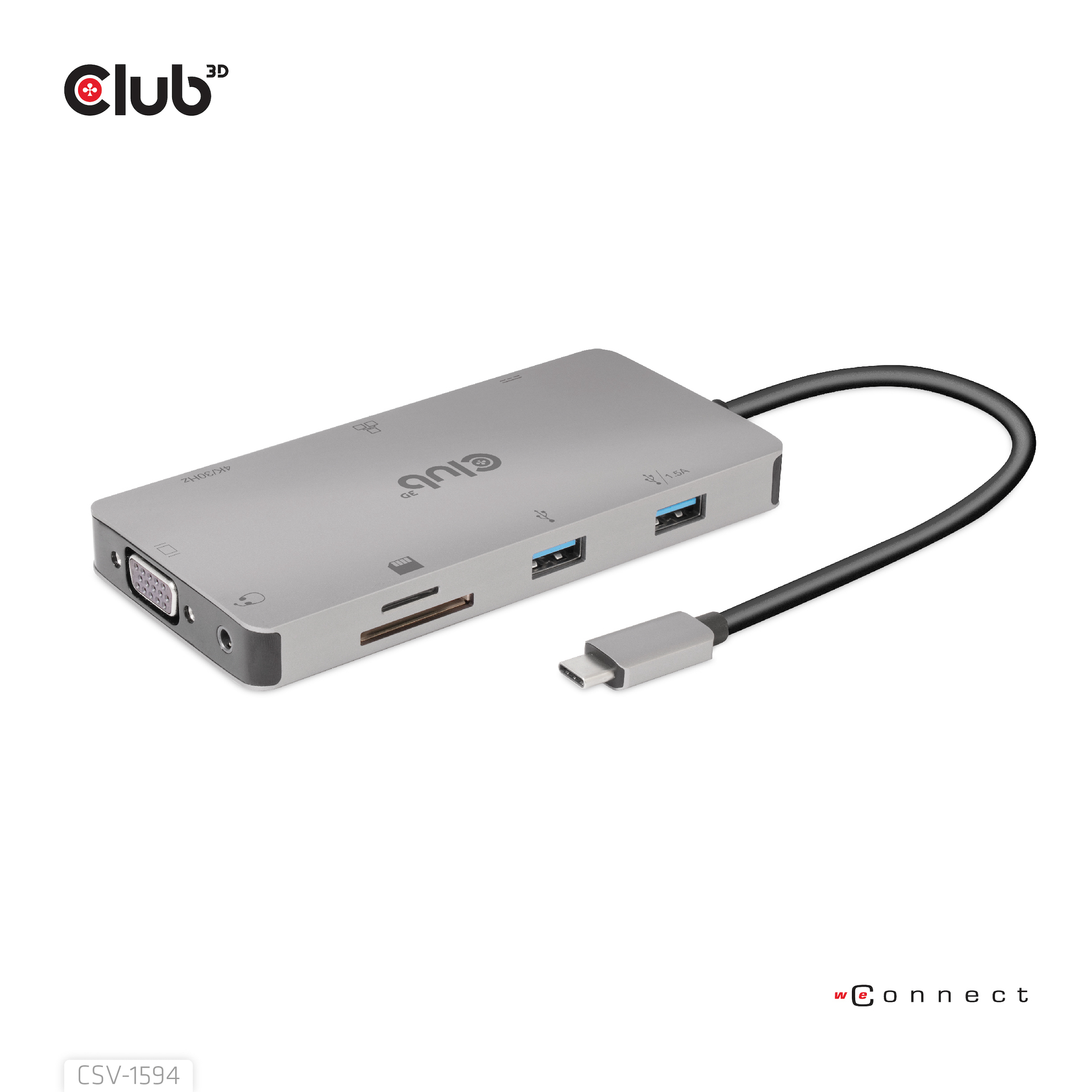 CLUB3D Type-C 9-in-1 hub with HDMI, VGA, 2x USB Gen1 Type-A,RJ45,SD/Micro SD card slots and USB Type-C oplaad mogelijkheid tot max 100Watt( Ook geschikt voor Apple M1 en Thunderbolt 3)