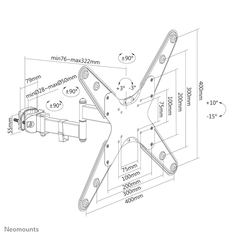 Neomounts FL40-450BL14 Screen Pole Clamp/Truss Mount, 3 pivot, 32"-55", 25 kg, 400x400mm