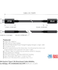 CLUB3D USB4 Gen3x2 Type-C Bi-Directional Cable 8K60Hz or 4K120Hz, Data 40Gbps, PD 240W(48V/5A) EPR M/M 3m / 9.84ft - Afbeelding 6