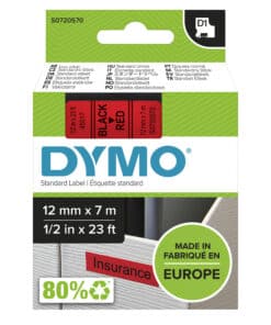 DYMO originele D1 labels | Zwarte Tekst op Rood Label | 12 mm x 7 m | zelfklevende etiketten voor de LabelManager labelmaker | gemaakt in Europa
