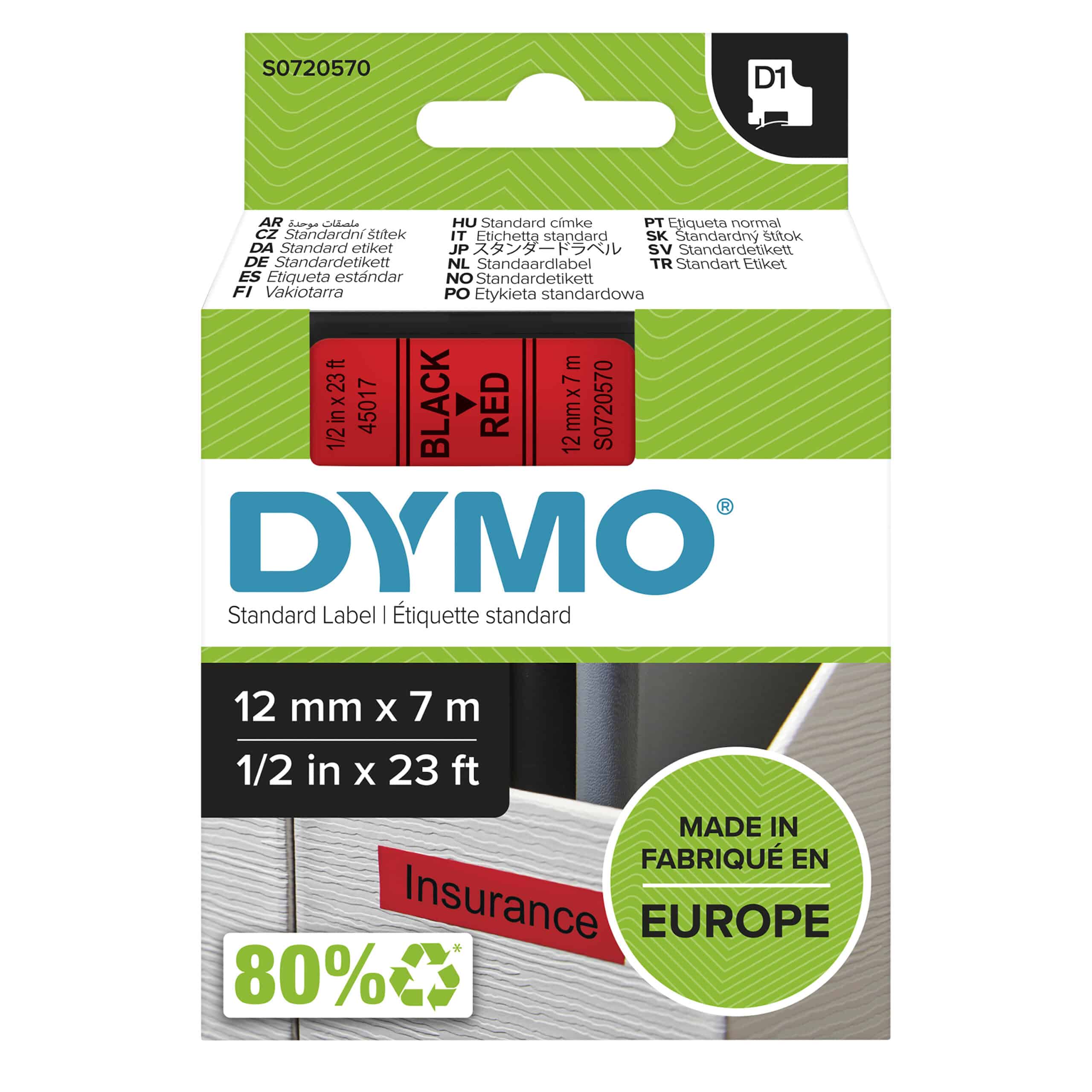 DYMO originele D1 labels | Zwarte Tekst op Rood Label | 12 mm x 7 m | zelfklevende etiketten voor de LabelManager labelmaker | gemaakt in Europa