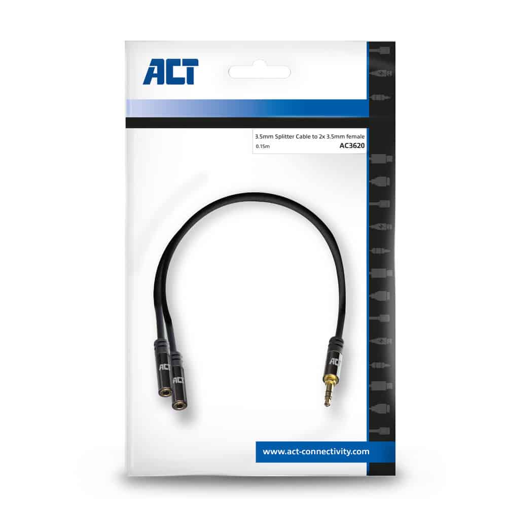 ACT 0,15 meter High Quality audio splitterkabel 3,5 mm stereo jack male - 2x female - Afbeelding 3