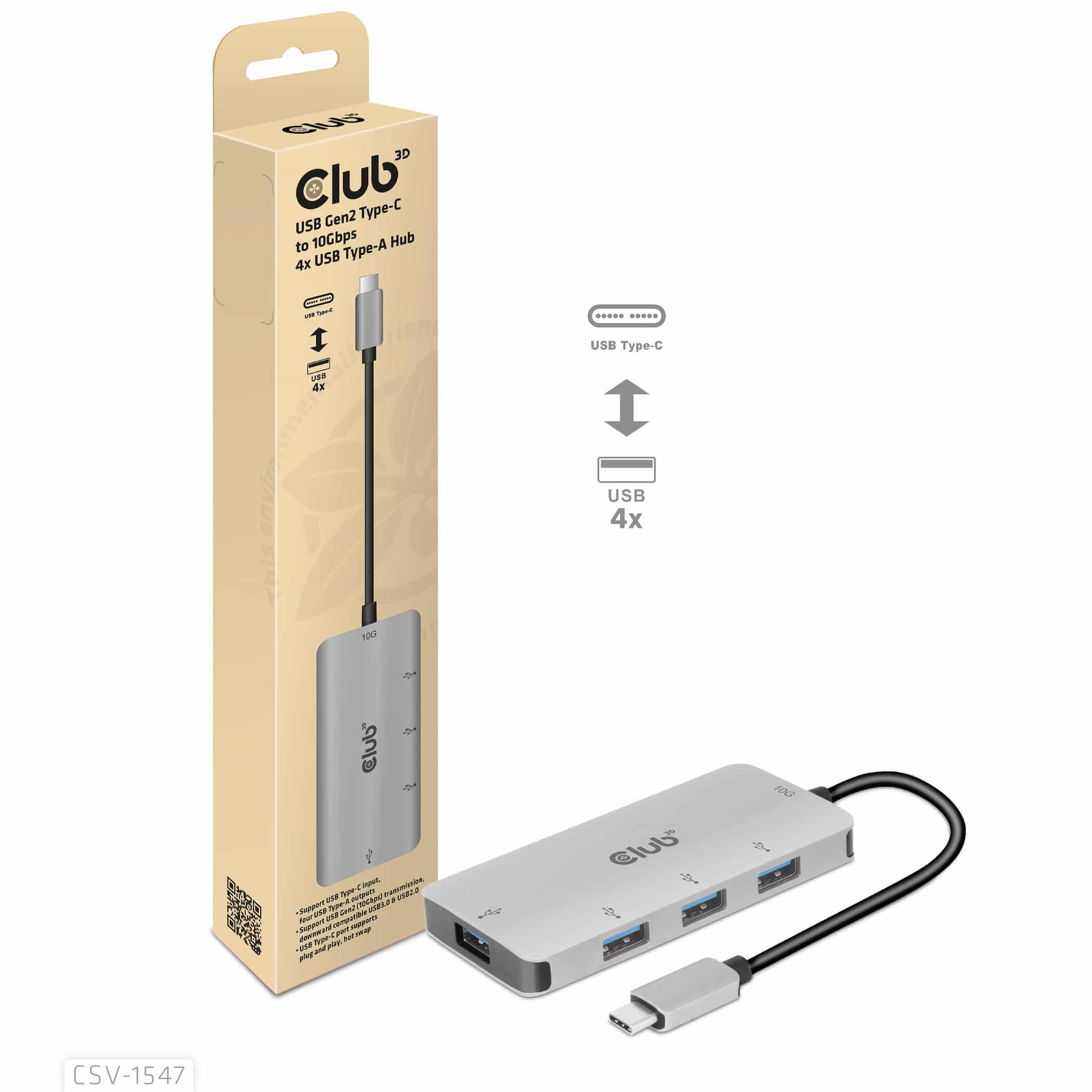 CLUB3D 4-Port USB-A Hub for USB-C – 10Gbps Fast Transfer
