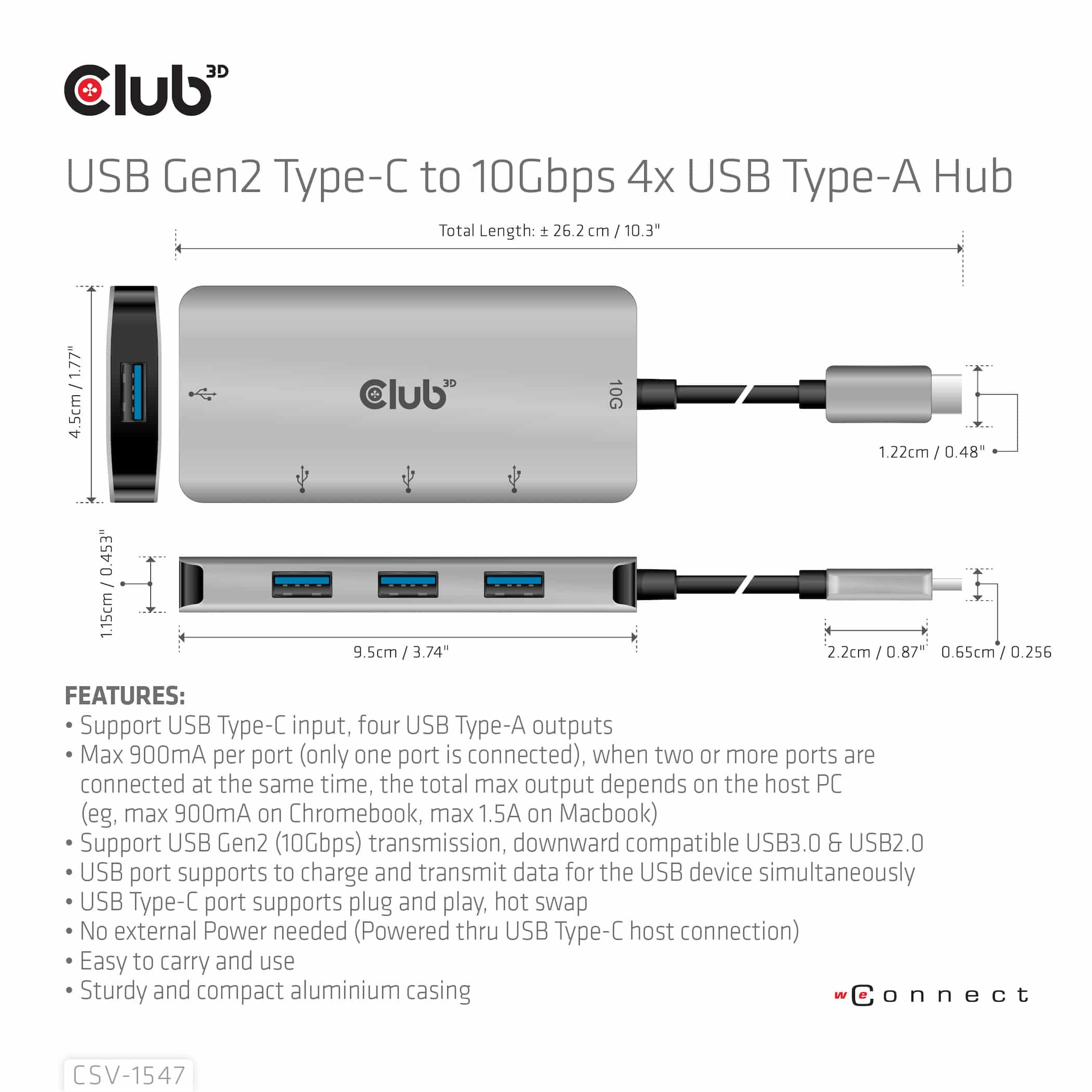 CLUB3D 4-Port USB-A Hub for USB-C – 10Gbps Fast Transfer - Afbeelding 7
