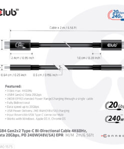 CLUB3D USB4 Gen2x2 Type-C Bi-Directional Cable 4K60Hz, Data 20Gbps, PD 240W(48V/5A) EPR M/M 2m USB IF GECERTIFCIEERD - Afbeelding 6