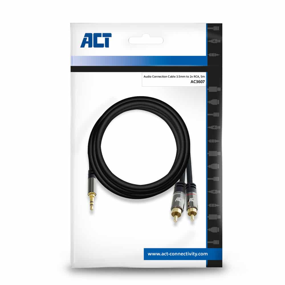 ACT 5 meter High Quality audio aansluitkabel 1x 3,5mm stereo jack male - 2x tulp male - Afbeelding 3