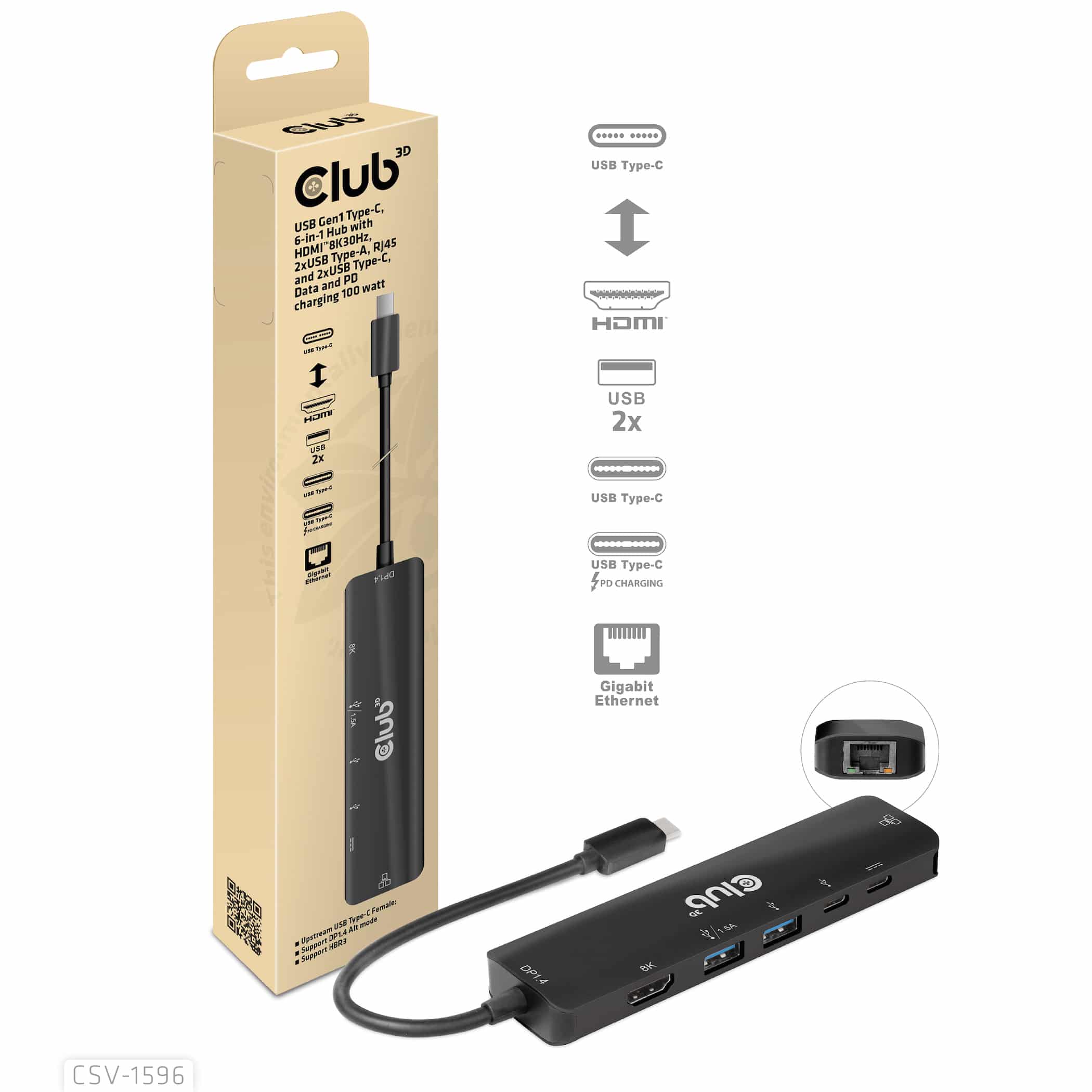 CLUB3D USB Gen1 Type-C, 6-in-1 Hub with HDMI 8K30Hz, 2xUSB Type-A, RJ45 and 2xUSB Type-C, Data and PD charging 100 watt - Afbeelding 5