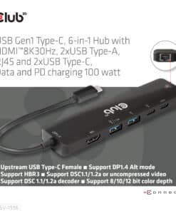 CLUB3D USB Gen1 Type-C, 6-in-1 Hub with HDMI 8K30Hz, 2xUSB Type-A, RJ45 and 2xUSB Type-C, Data and PD charging 100 watt - Afbeelding 6