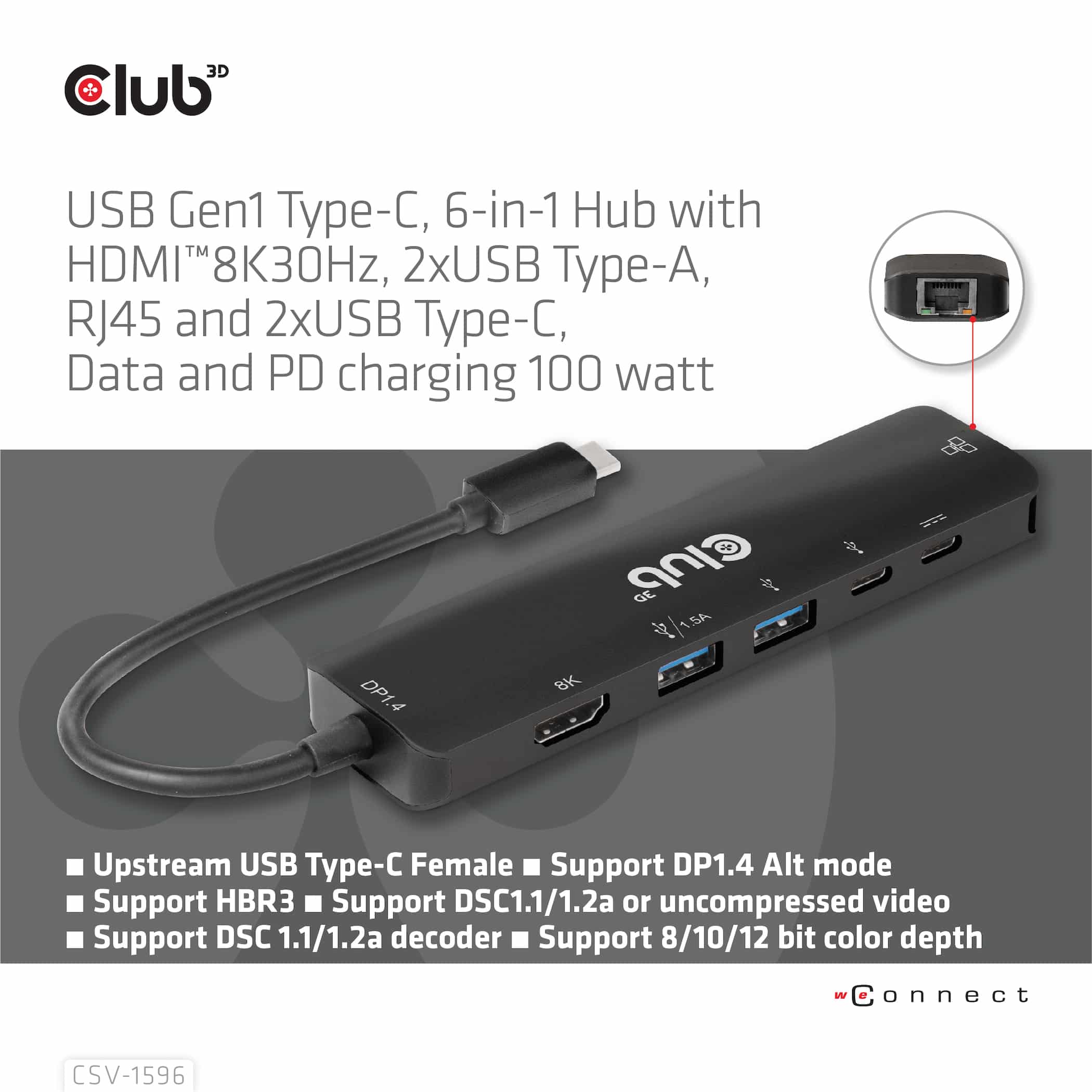 CLUB3D USB Gen1 Type-C, 6-in-1 Hub with HDMI 8K30Hz, 2xUSB Type-A, RJ45 and 2xUSB Type-C, Data and PD charging 100 watt - Afbeelding 6