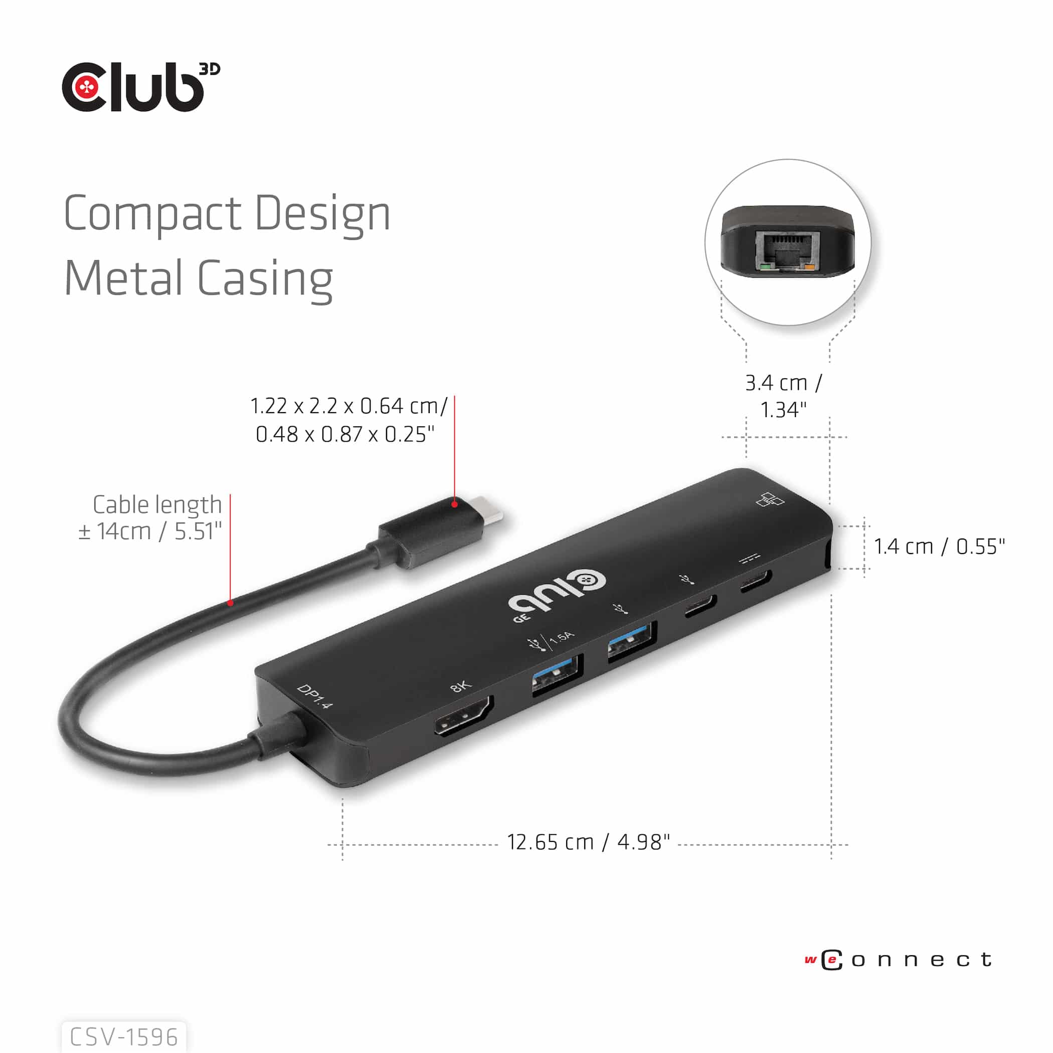 CLUB3D USB Gen1 Type-C, 6-in-1 Hub with HDMI 8K30Hz, 2xUSB Type-A, RJ45 and 2xUSB Type-C, Data and PD charging 100 watt - Afbeelding 7