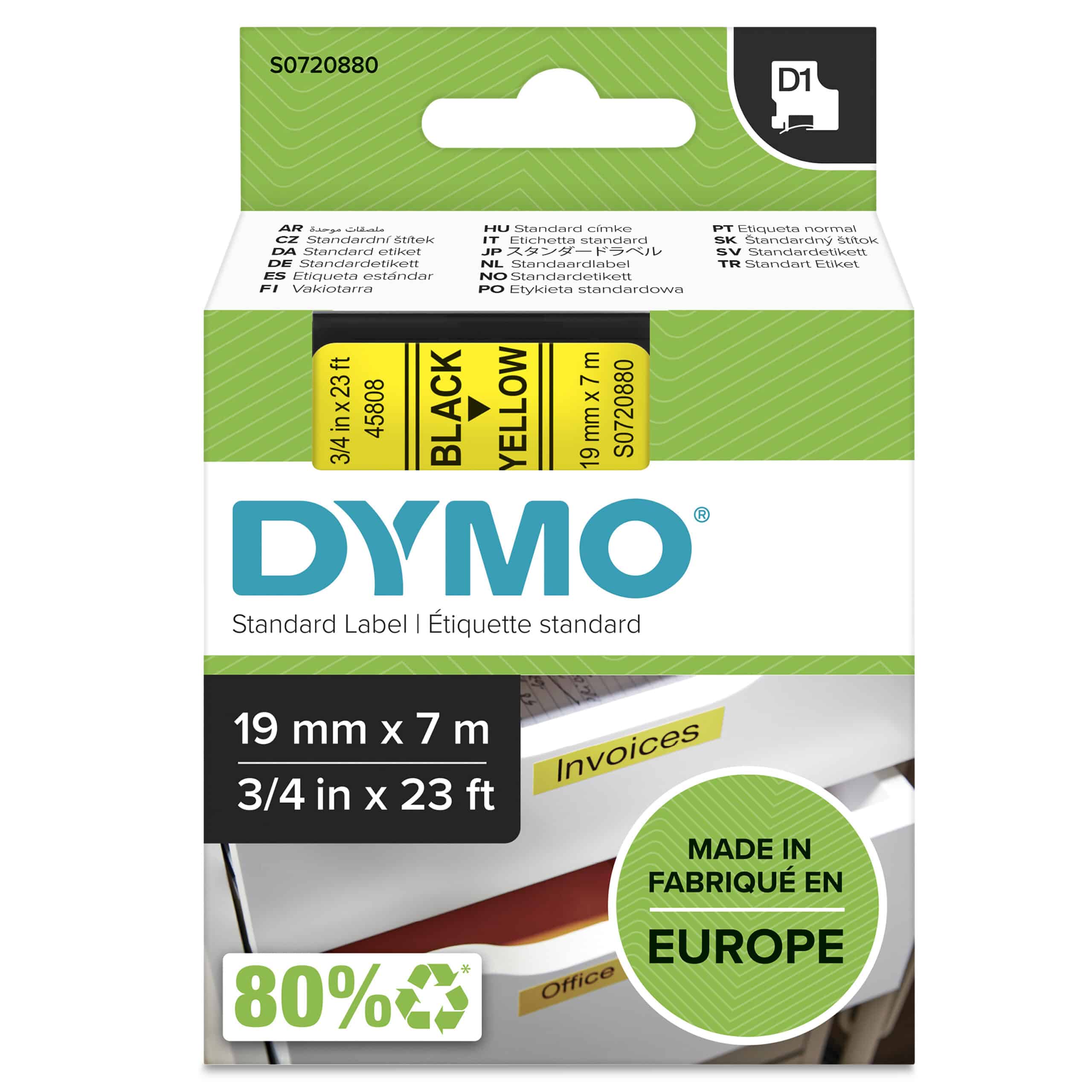 DYMO originele D1 labels | Zwarte Tekst op Geel Label | 19 mm x 7 m | Zelfklevende etiketten voor de LabelManager labelprinter | gemaakt in Europa