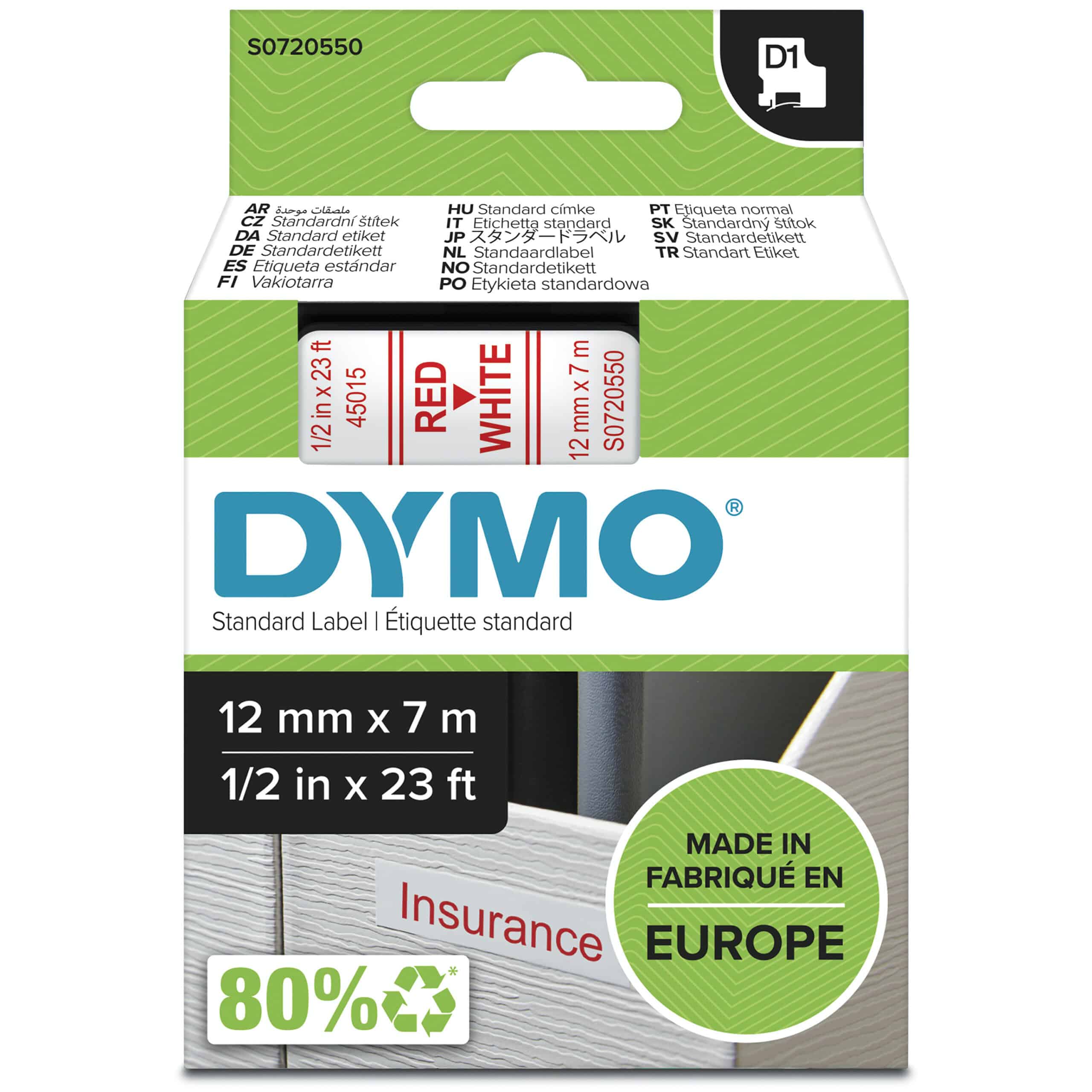 DYMO originele D1 labels | Rode Tekst op Wit Label | 12 mm x 7 m | zelfklevende etiketten voor de LabelManager labelprinter | gemaakt in Europa