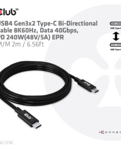 CLUB3D USB4 Gen3x2 Type-C Bi-Directional Cable 8K60Hz, Data 40Gbps, PD 240W(48V/5A) EPR M/M 2m / 6.56ft - Afbeelding 2
