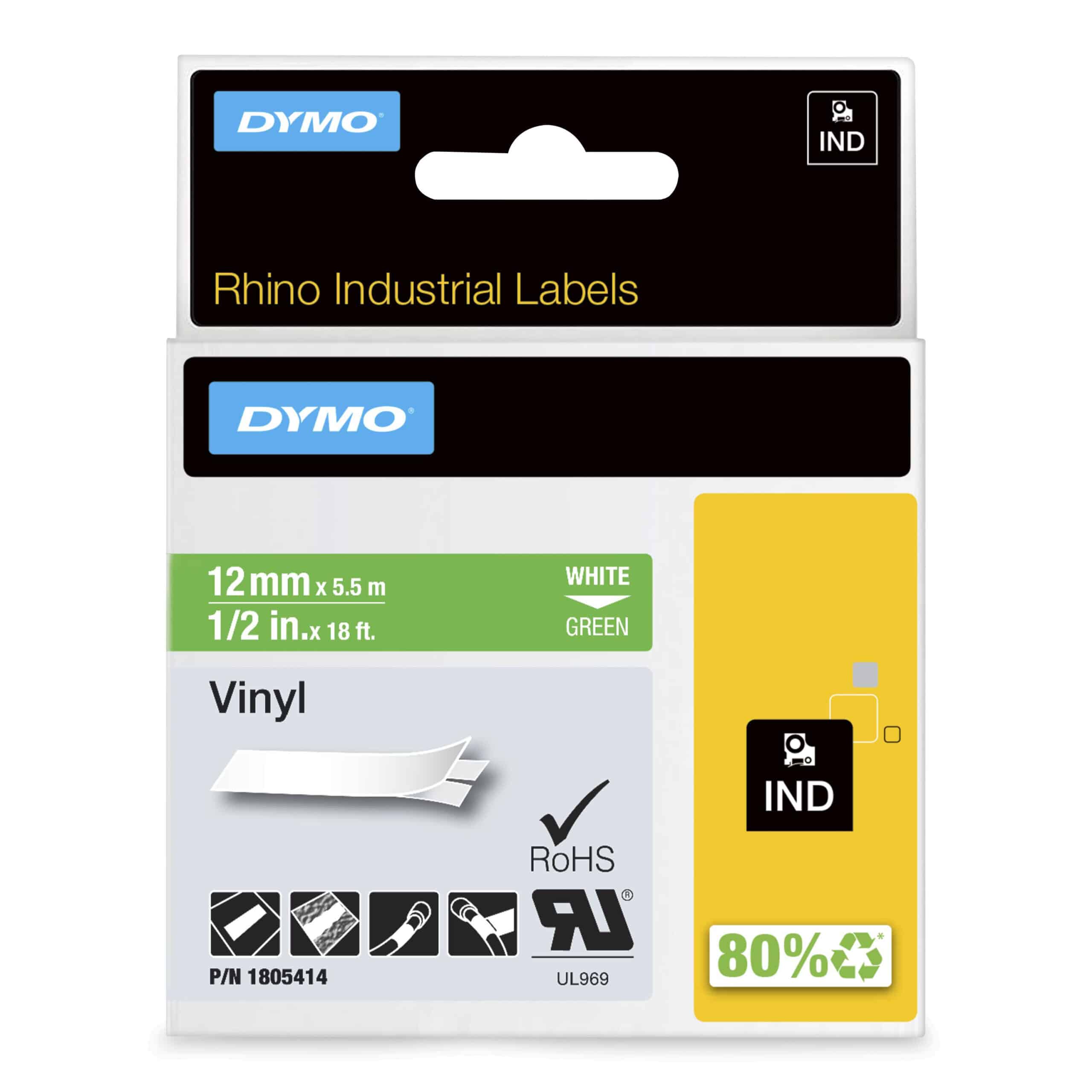 DYMO Rhino industriële Vinyl Labels | 12 mm x 5,5 m | witte afdruk op groen | zelfklevende labels voor Rhino & LabelManager labelprinters