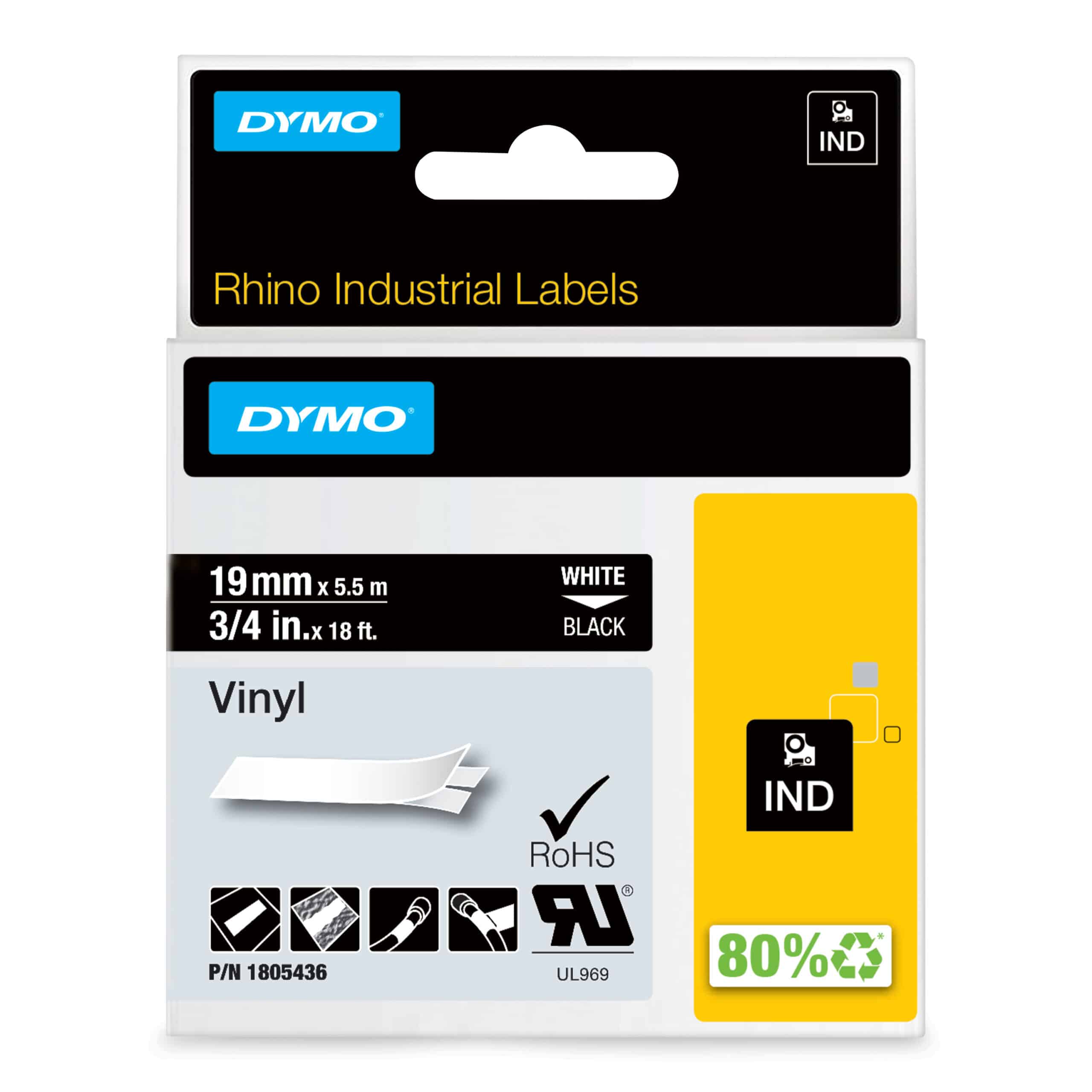 DYMO Rhino industriële Vinyl Labels | 19 mm x 5,5 m | witte afdruk op zwart | zelfklevende labels voor Rhino & LabelManager labelprinters