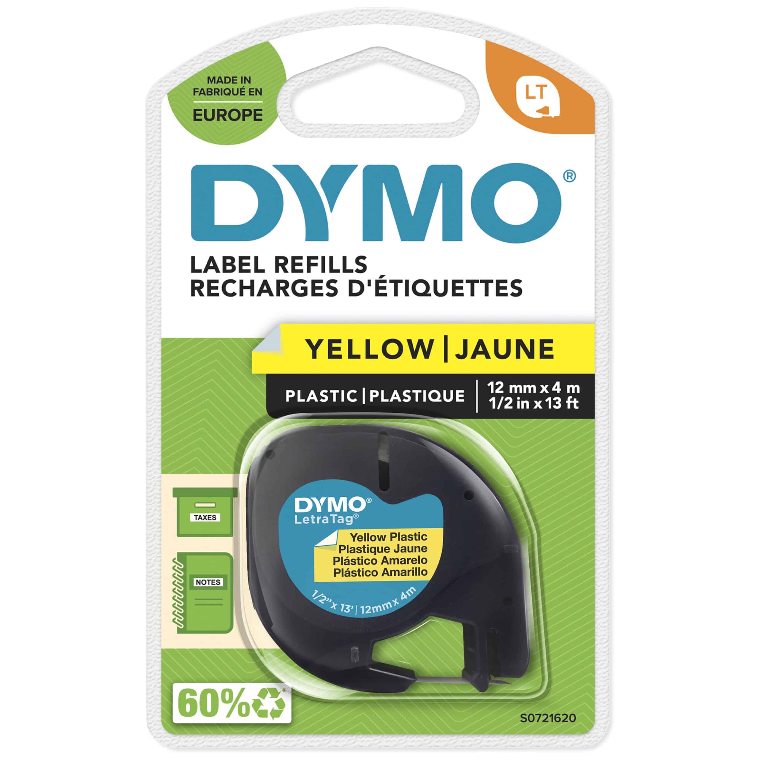 DYMO LetraTag originele plastic labels | Zwarte afdruk op gele etiketten | 12 mm x 4 m | Zelfklevende multifunctionele labels voor LetraTag labelprinters | gemaakt in Europa
