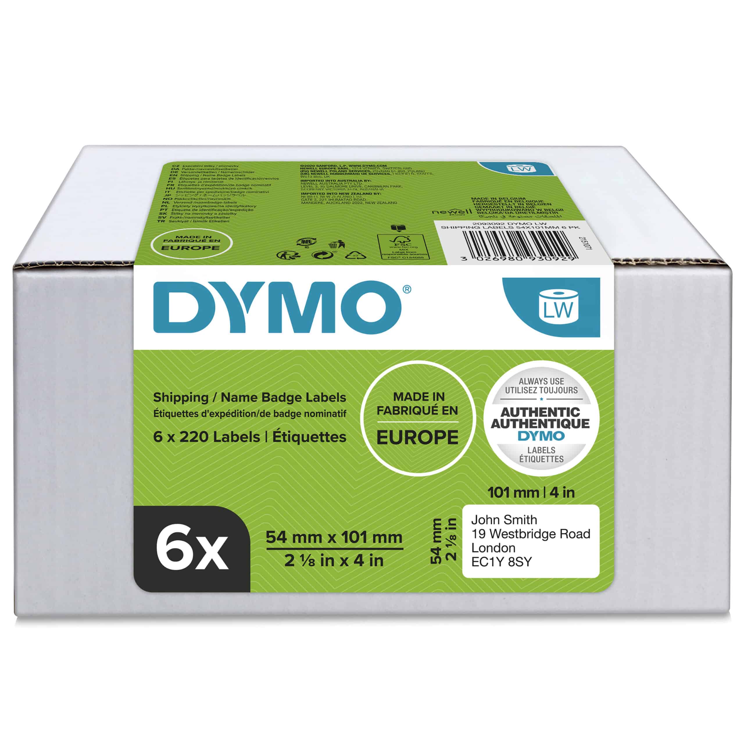 DYMO originele LabelWriter grote verzendlabels/naamkaarten | 54 mm x 101 mm | 6 rollen met elk 220 labels (1320 zelfklevende etiketten) | Geschikt voor de LabelWriter labelprinters | Gemaakt in Europa