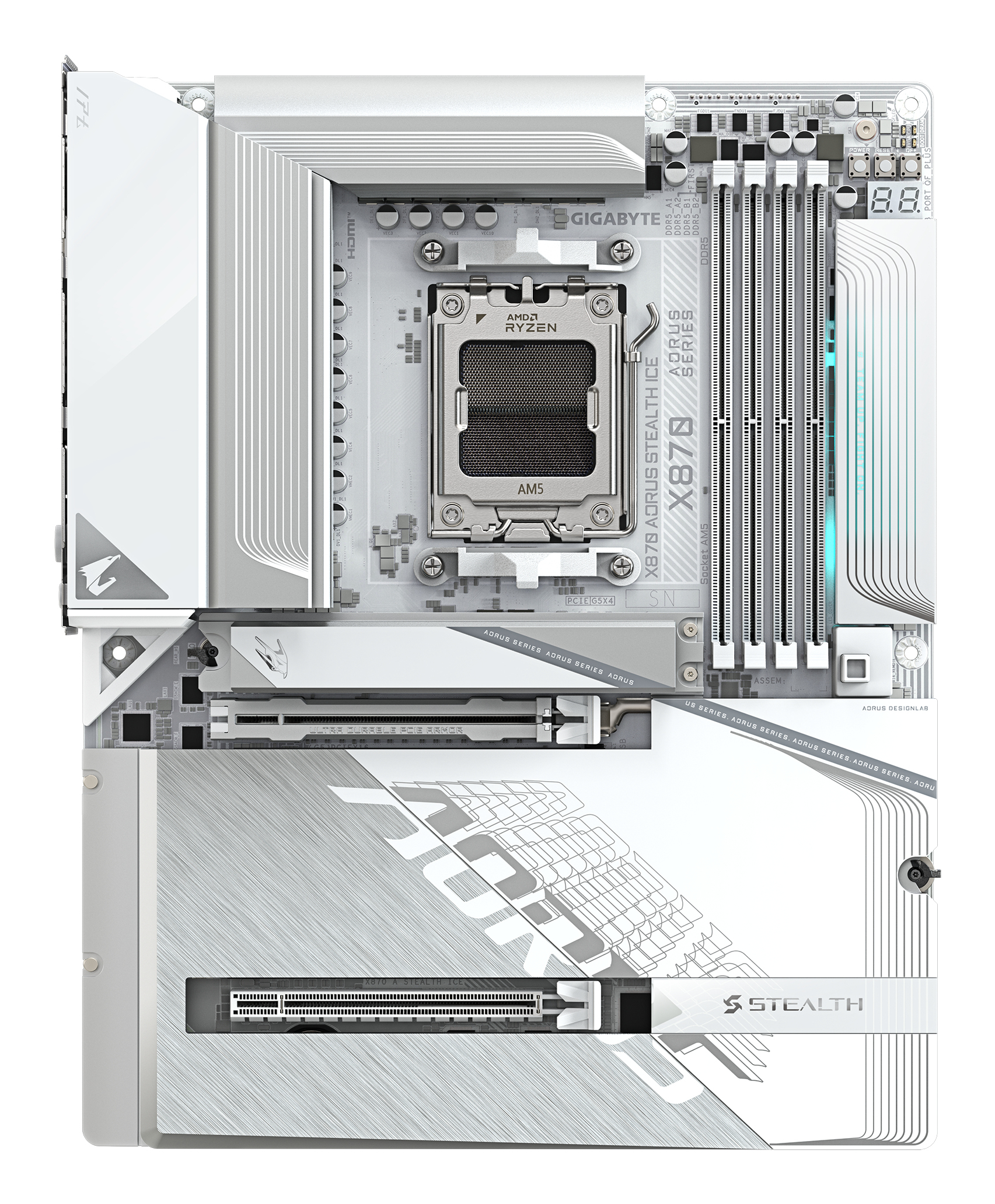 Gigabyte X870 A STEALTH ICE AORUS STEALTH ICE, ATX, AMD AM5, DDR5, 2x PCIe 5.0, Wi-Fi 7, 5 Gbe, USB4 - Afbeelding 2