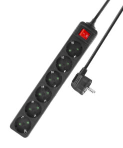 ACT Stekkerdoos met lichtgevende schakelaar, 6 sockets, 3 m, zwart
