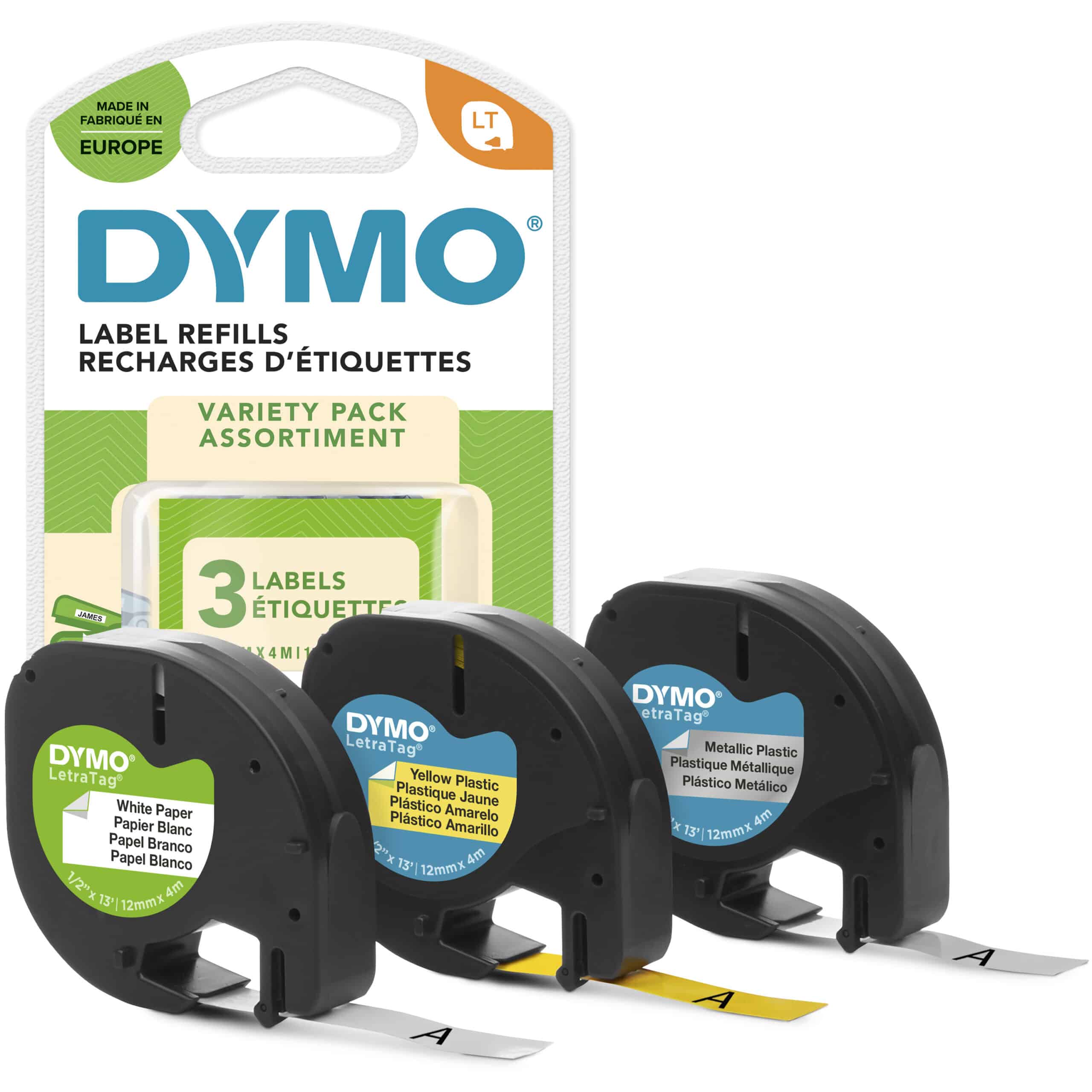 DYMO originele LetraTag label startpakket met papieren, plastic en metaalachtige etiketten | 12 mm x 4 m op rol | zelfklevend | 3 rollen | voor LetraTag labelprinters