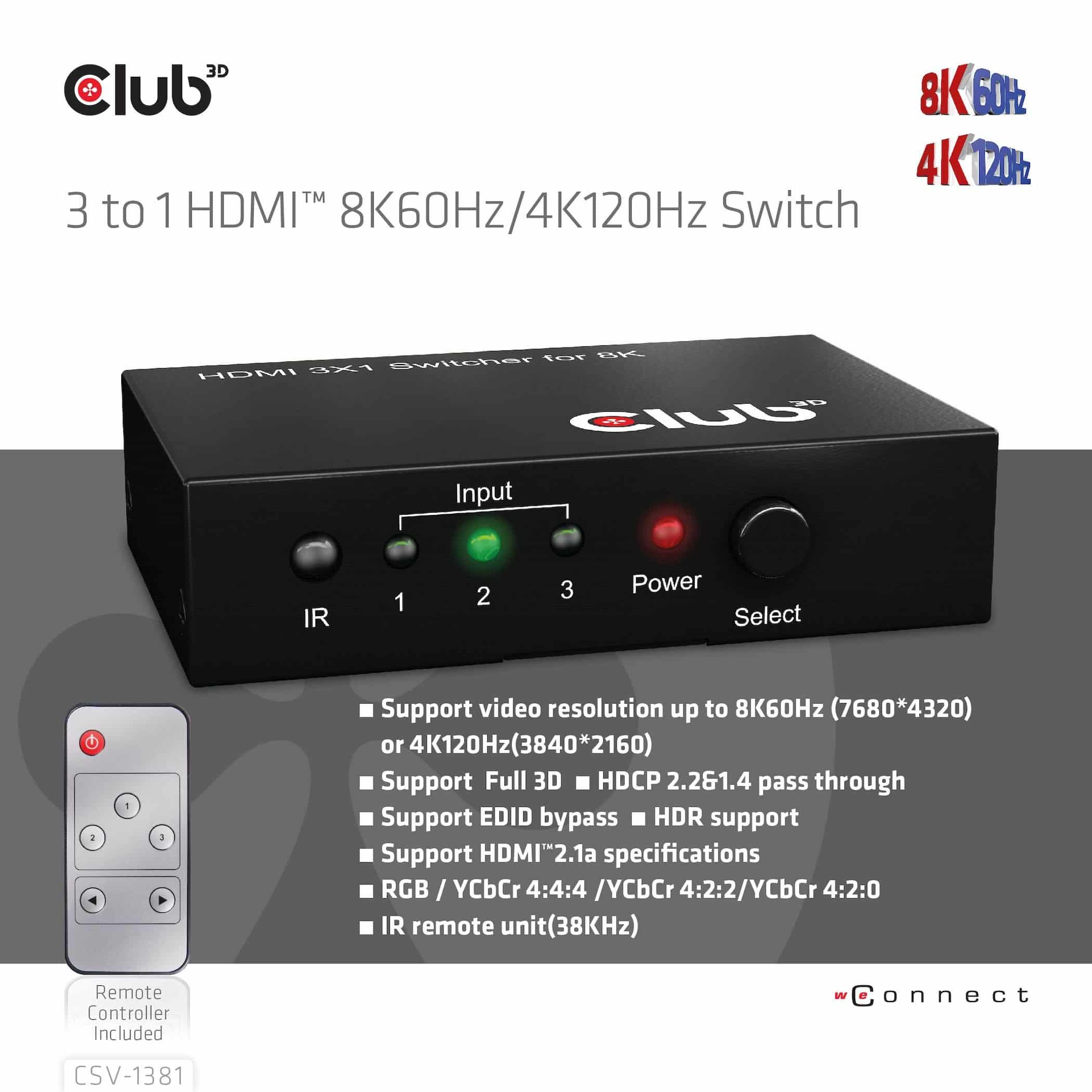 CLUB3D 3 to 1 HDMI 8K60Hz/4K120Hz Switch - Afbeelding 8