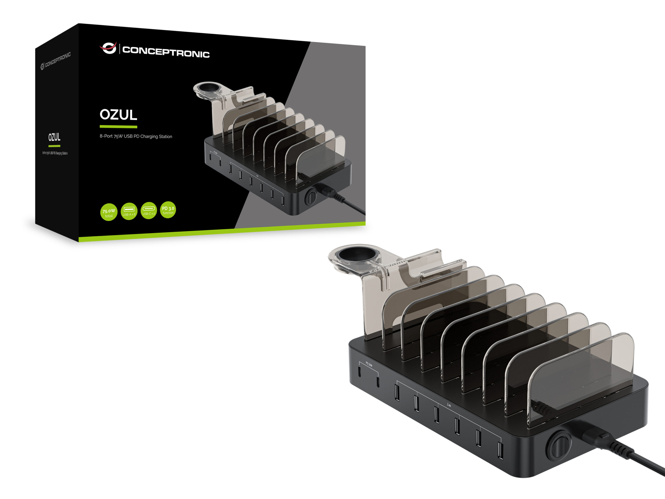 Conceptronic OZUL02B OZUL 8-Port 75W USB PD Charging Station, Indoor, AC, 12 V, Black - Afbeelding 3