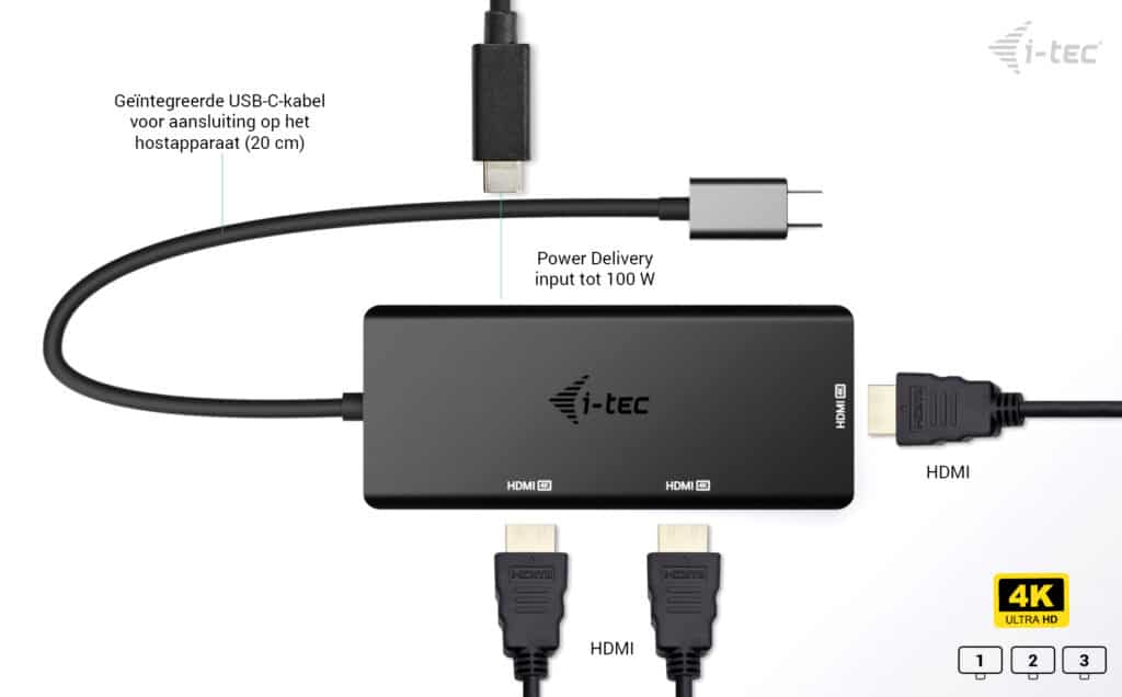 i-tec USB-C Triple 4K HDMI Video Adapter, Power Delivery 100W