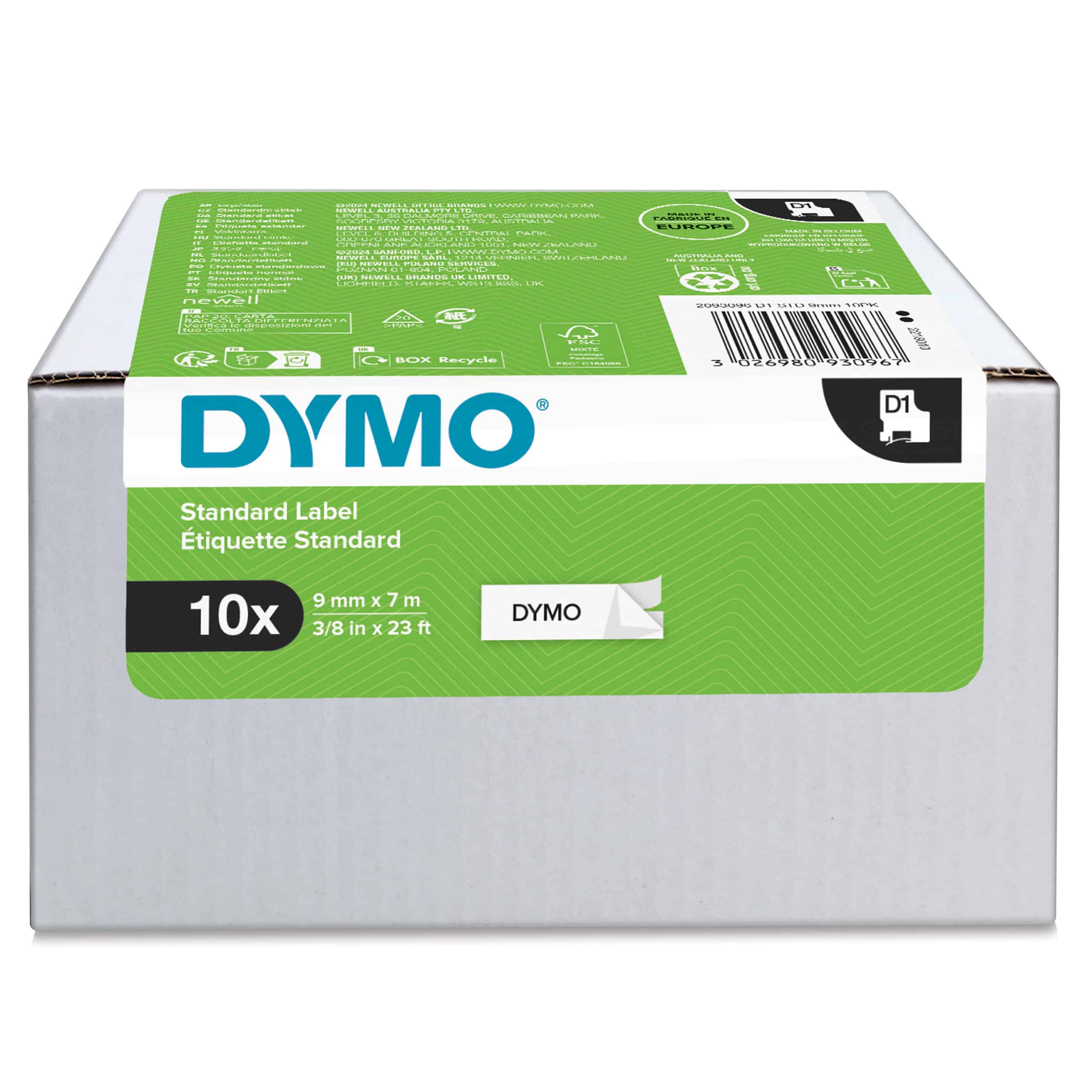 DYMO originele D1-labels | Zwarte Tekst op Wit Label | 9 mm x 7 m | zelfklevende etiketten voor de LabelManager labelprinter | 10 stuks | gemaakt in Europa