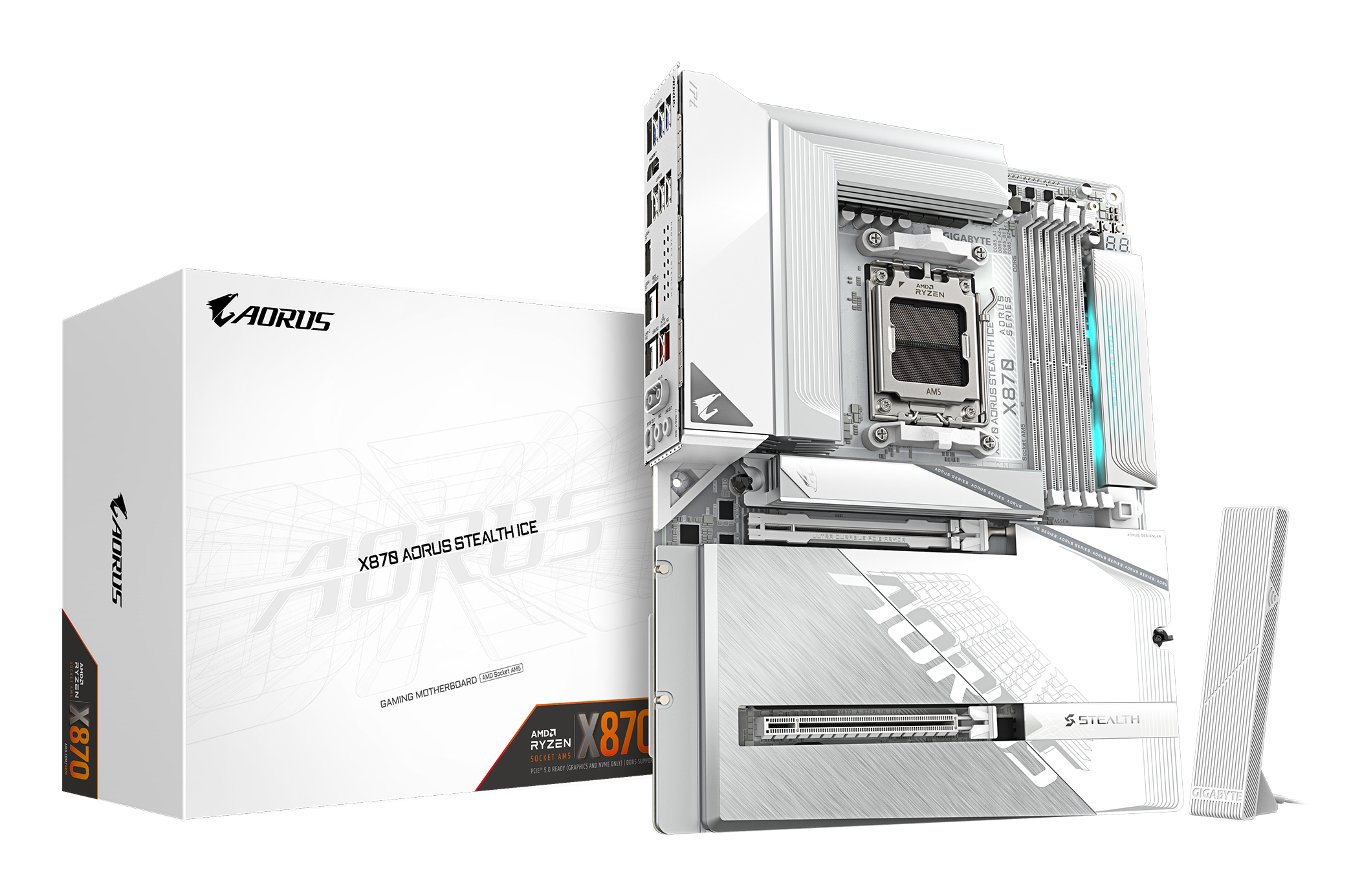 Gigabyte X870 A STEALTH ICE AORUS STEALTH ICE, ATX, AMD AM5, DDR5, 2x PCIe 5.0, Wi-Fi 7, 5 Gbe, USB4