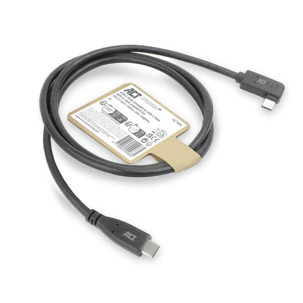 ACT USB 3.0 10Gbps 60W USB Type-C (recht) naar USB Type-C (haaks links/rechts) kabel, 3 meter - Afbeelding 2