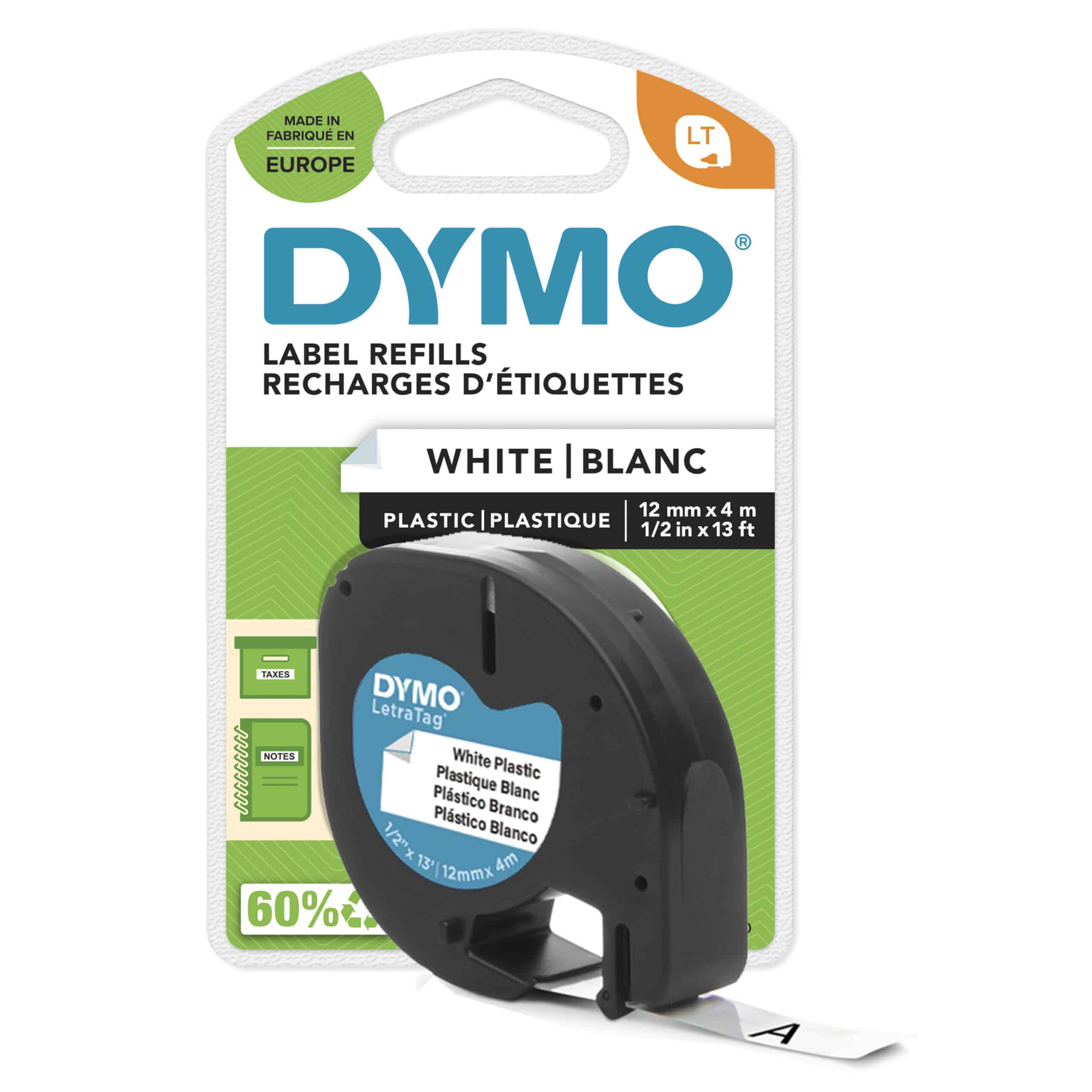 DYMO LetraTag originele plastic labels | Zwart afdrukken op witte etiketten | 12 mm x 4 m | Zelfklevende multifunctionele labels voor LetraTag labelprinters | gemaakt in Europa