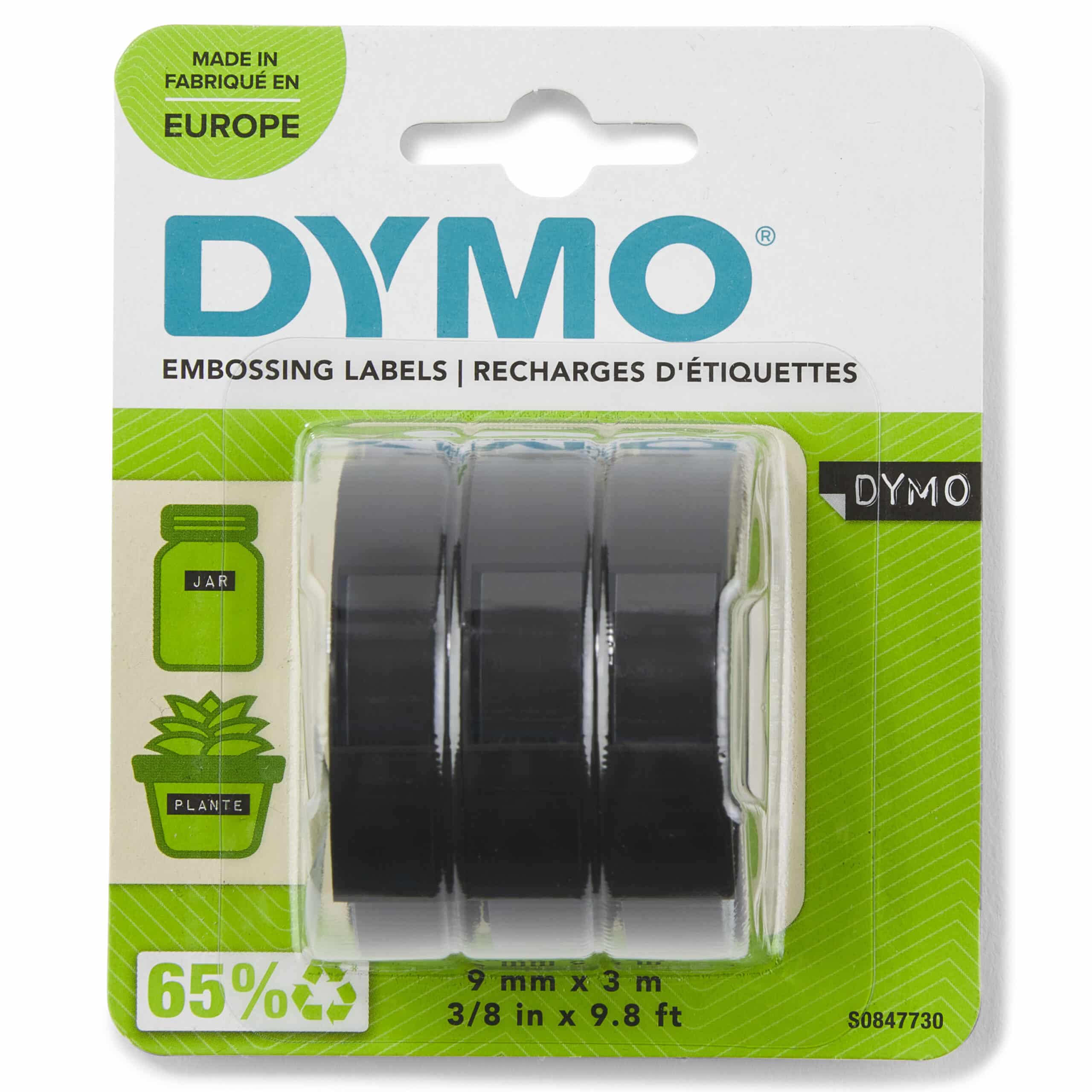 DYMO originele labeltape met reliëf | rollen van 9 mm x 3 m | Wit op zwart | Zelfklevend etiketten voor Lettertang | 3 stuks