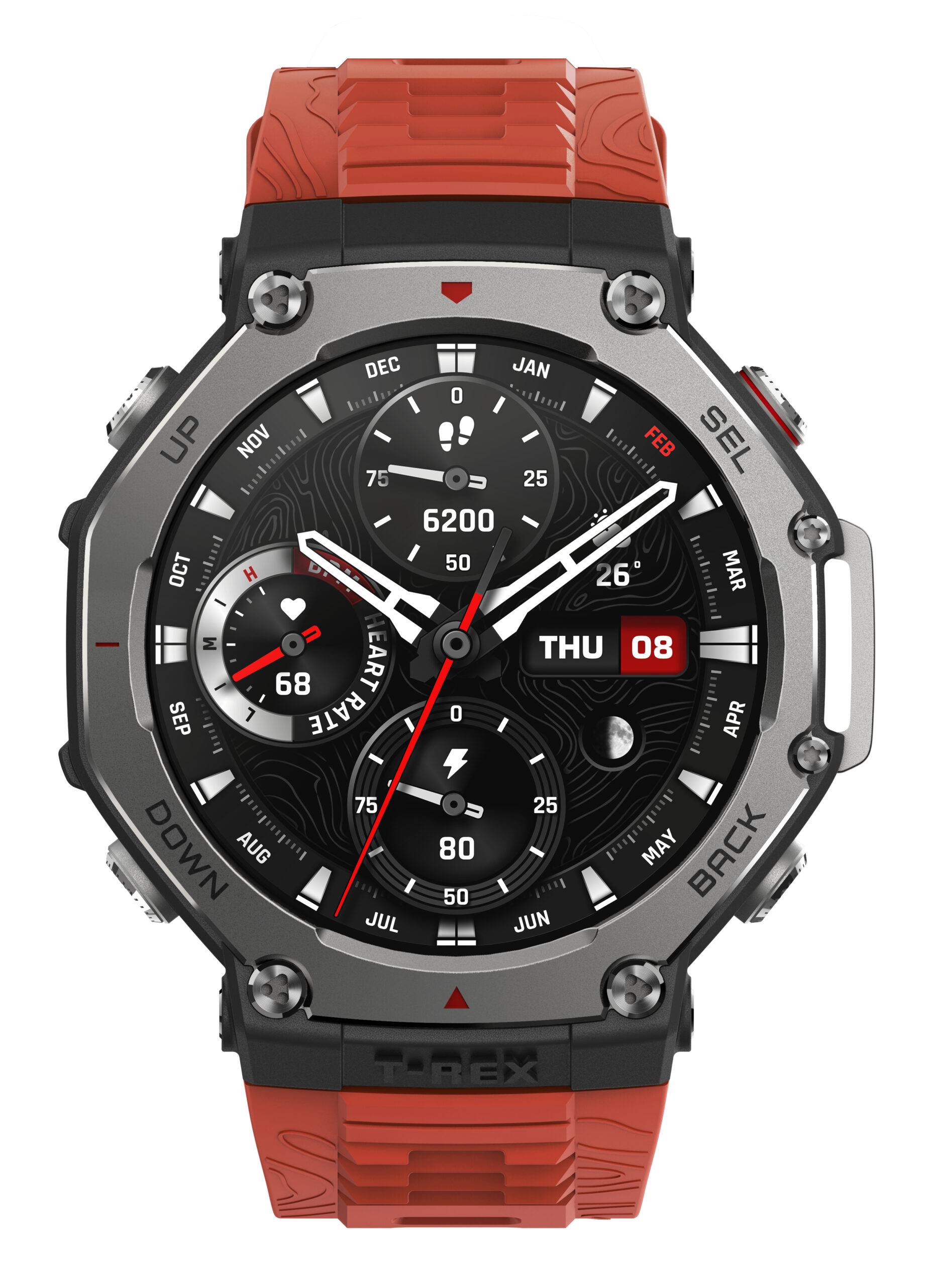 Amazfit T-Rex 3 Lava 3,81 cm (1.5") AMOLED 48.5 mm Digitaal 480 x 480 Pixels Touchscreen Zwart, Roestvrijstaal GPS - Afbeelding 2
