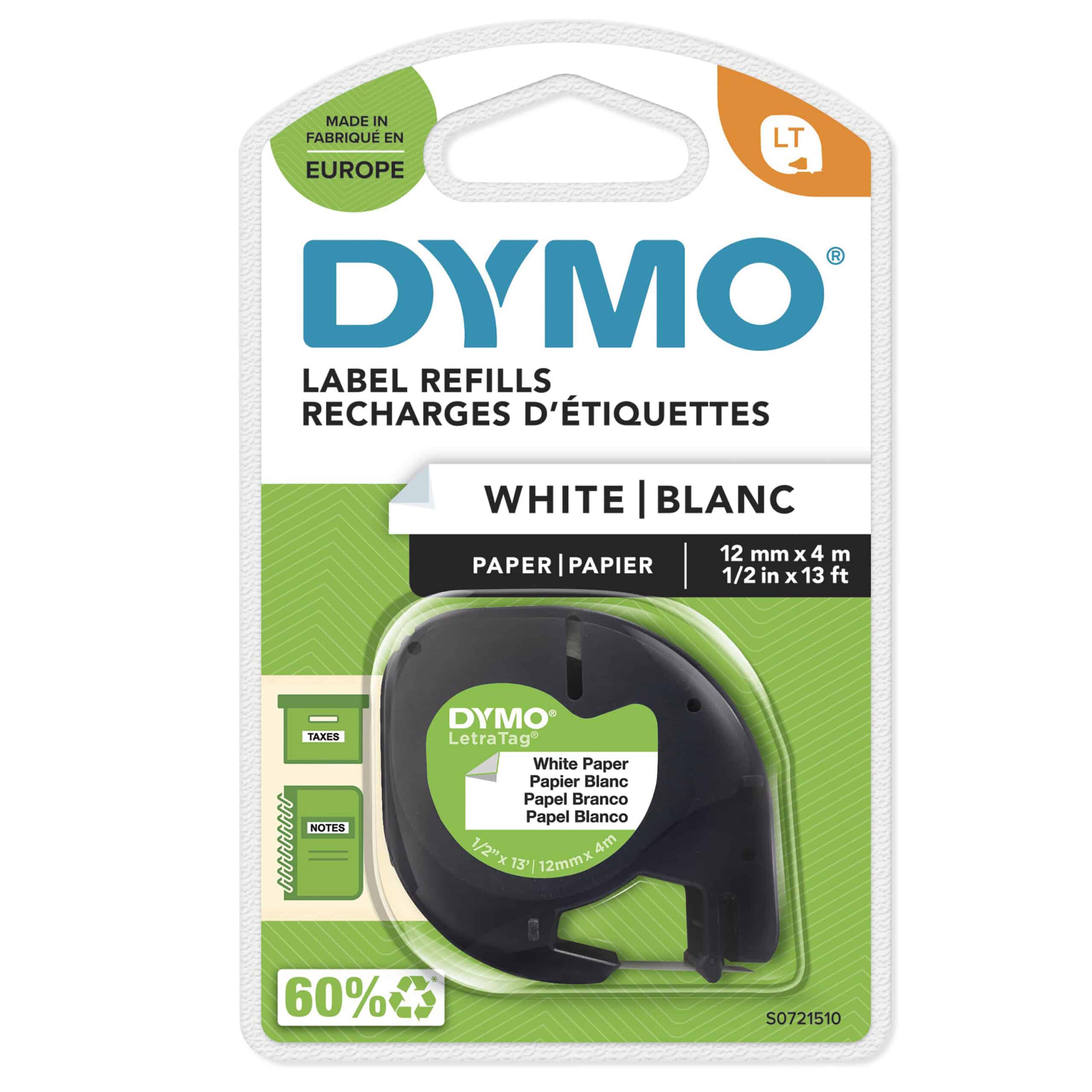 DYMO LetraTag originele papieren labels | Zwart afdrukken op witte etiketten | 12 mm x 4 m | Zelfklevende multifunctionele labels voor LetraTag labelprinters | gemaakt in Europa