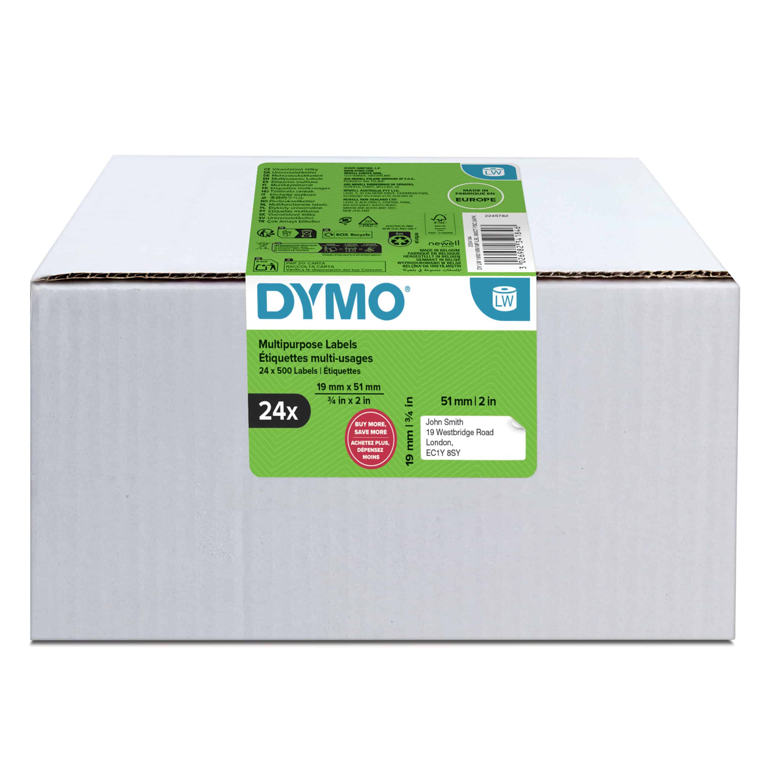 DYMO originele kleine LabelWriter multifunctionele labels | 19 mm x 51 mm | 24 met elk 500 labels (12.000 zelfklevende etiketten) | Gemakkelijk te verwijderen labels | voor LabelWriter labelprinters