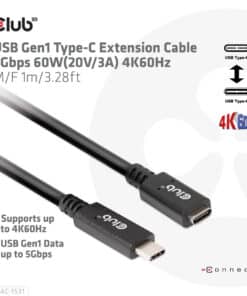 CLUB3D USB Gen1 Type-C Extensie kabel 5Gbps 60W(20V/3A) 4K60Hz M/F 1m/3.28ft - Afbeelding 3