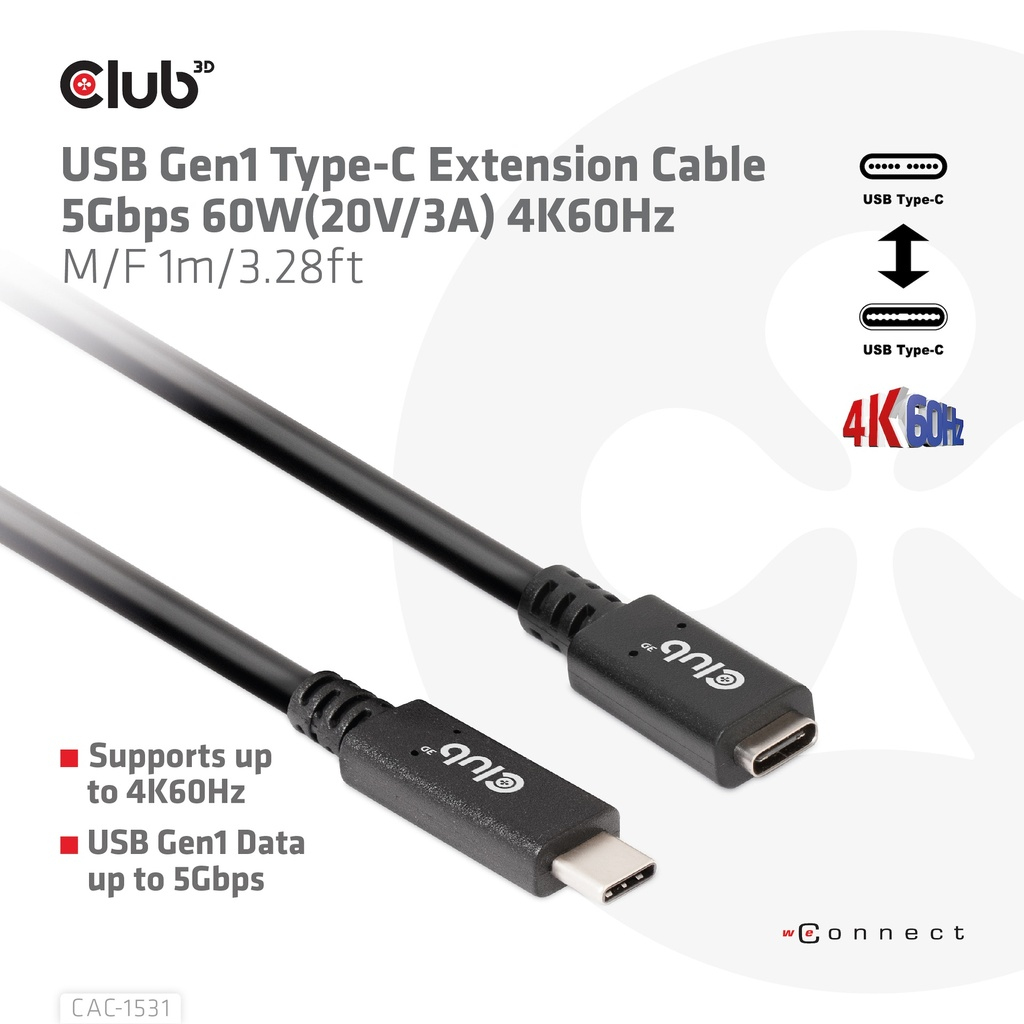 CLUB3D USB Gen1 Type-C Extensie kabel 5Gbps 60W(20V/3A) 4K60Hz M/F 1m/3.28ft - Afbeelding 3
