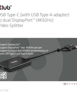 CLUB3D USB Type-C (with USB Type-A adapter) to dual DisplayPort(4K60Hz) Video Splitter - Afbeelding 2