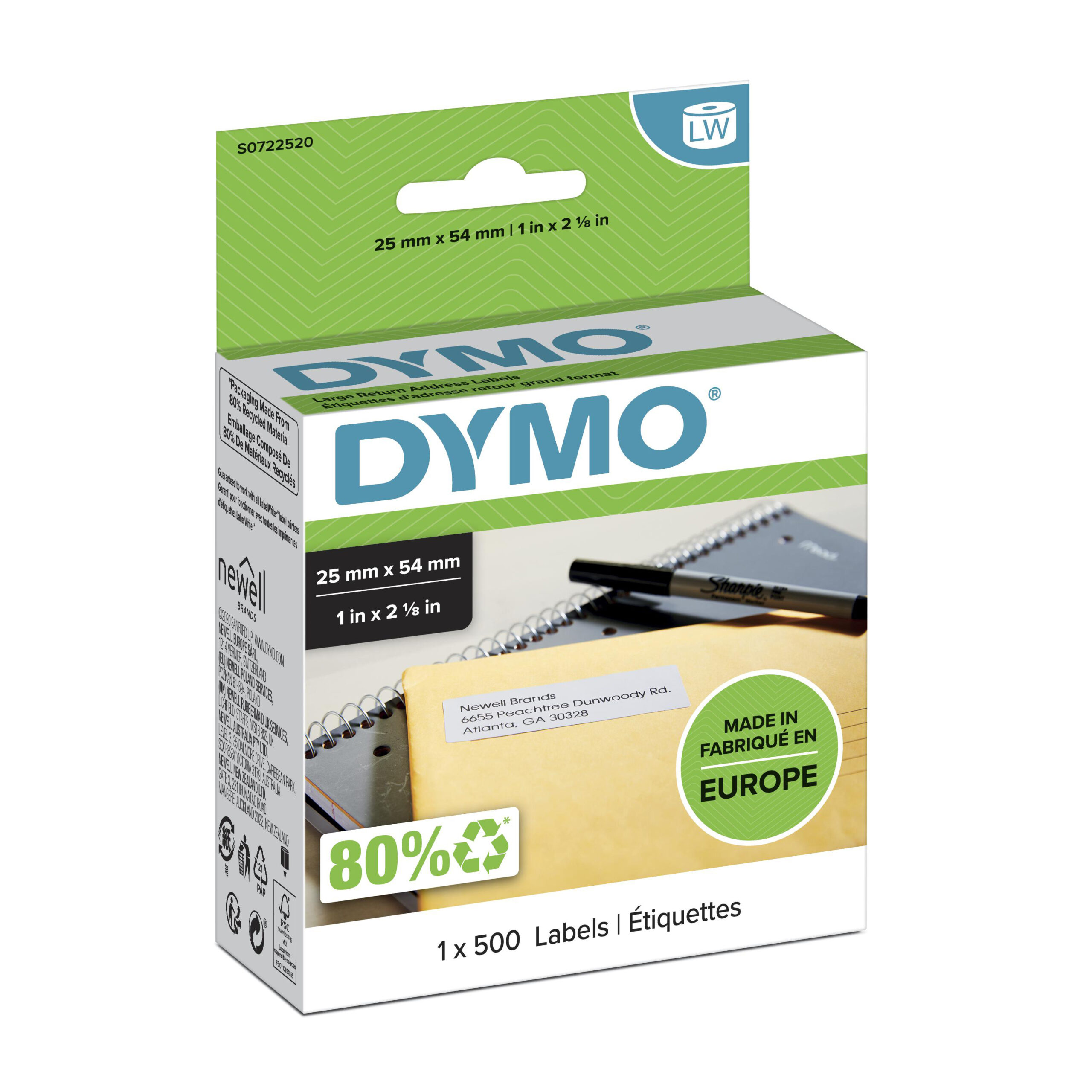 DYMO originele LabelWriter adreslabels voor retouren | 25 mm x 54 mm | 500 zelfklevende etiketten| Geschikt voor de LabelWriter labelprinters | Gemaakt in Europa