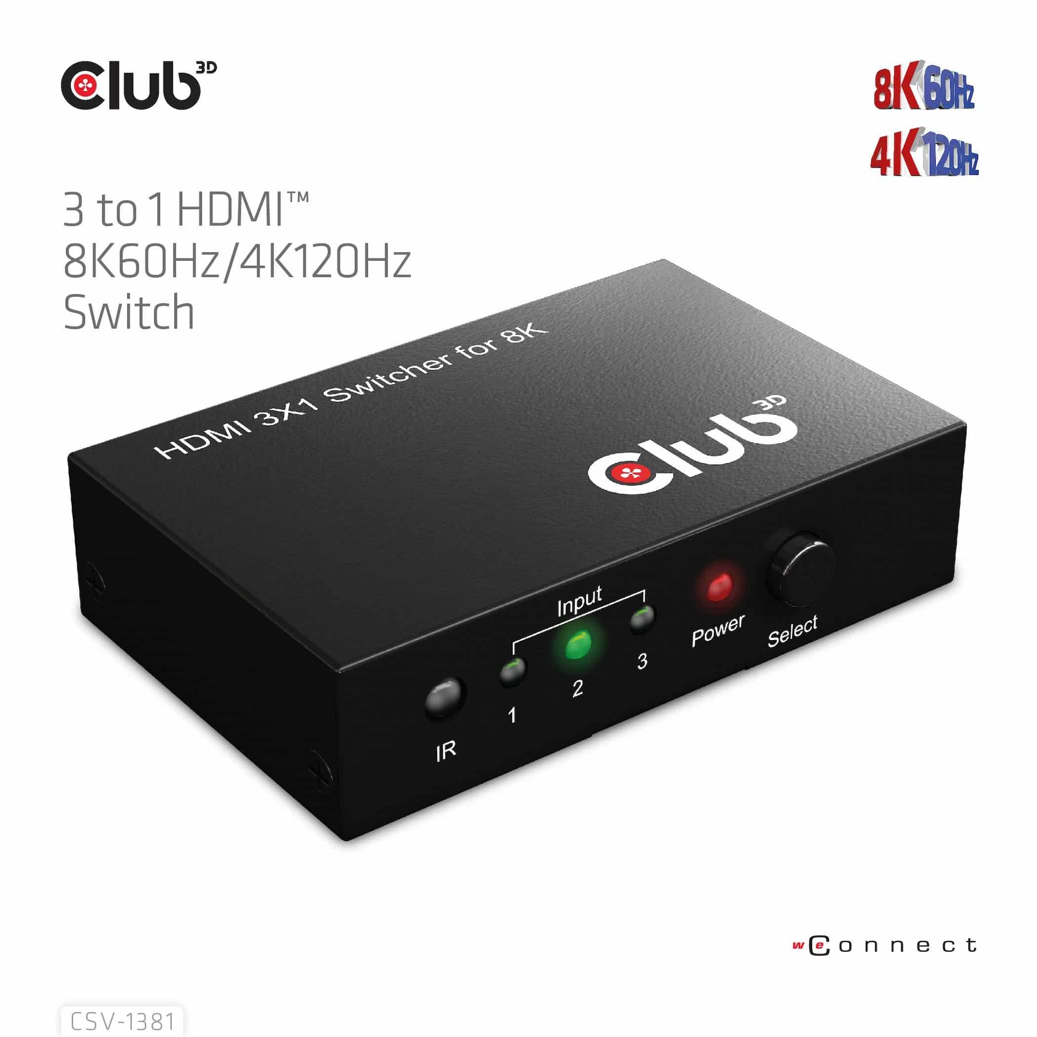 CLUB3D 3 to 1 HDMI 8K60Hz/4K120Hz Switch - Afbeelding 2