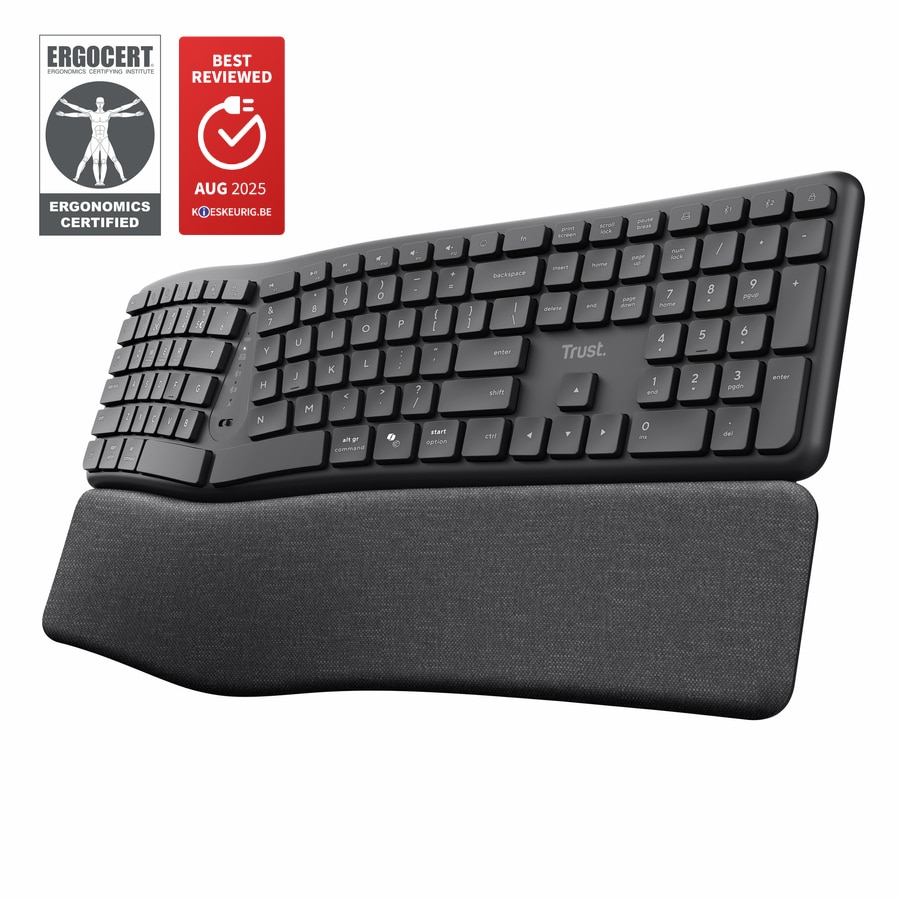 Trust Keyra Ergonomisch Draadloos Toetsenbord - Ergonomisch toetsenbord – USB en Bluetooth verbinding – QWERTY US International – Zwart