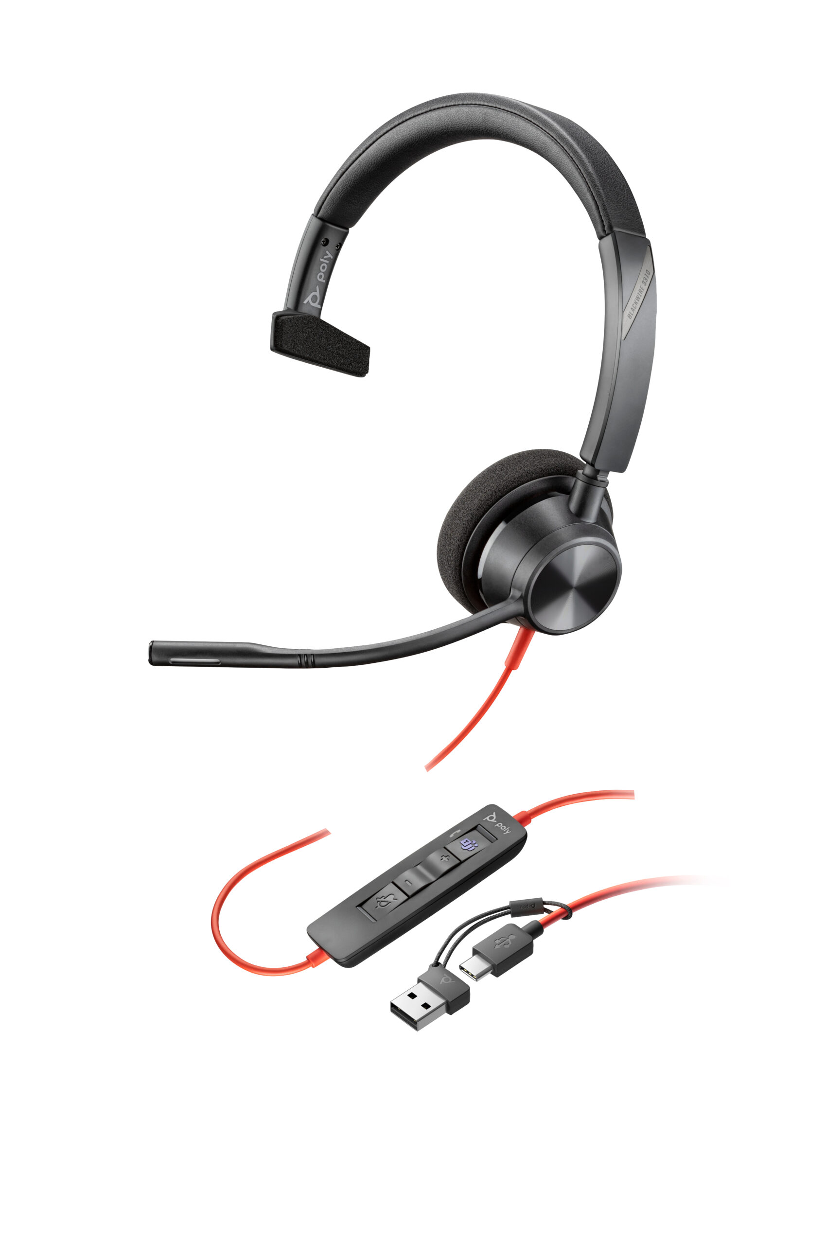HP Poly Blackwire 3310 Monaural Microsoft Teams Certified USB-C Headset + USB-C/A adapter