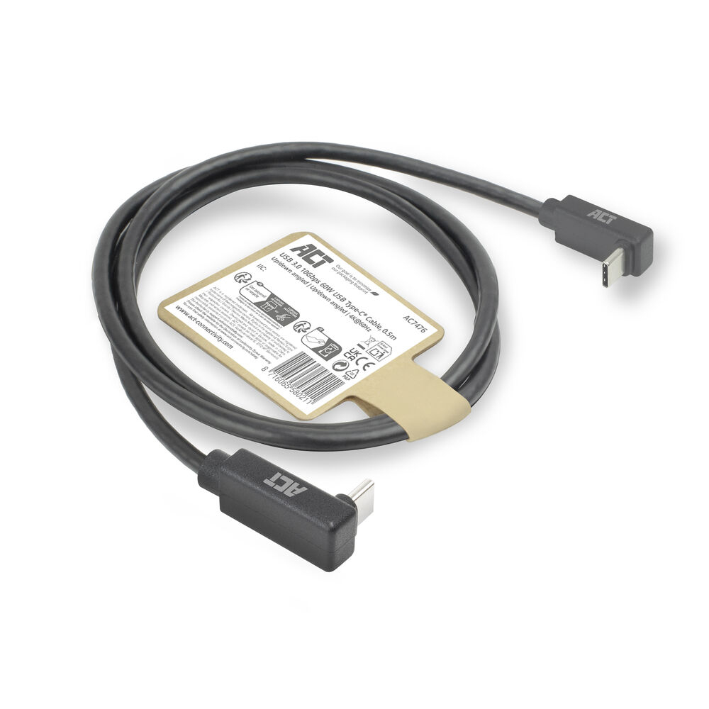 ACT USB 3.0 10Gbps 60W USB Type-C (haaks boven/beneden) naar USB Type-C (haaks boven/beneden) kabel, 0,5 meter - Afbeelding 2