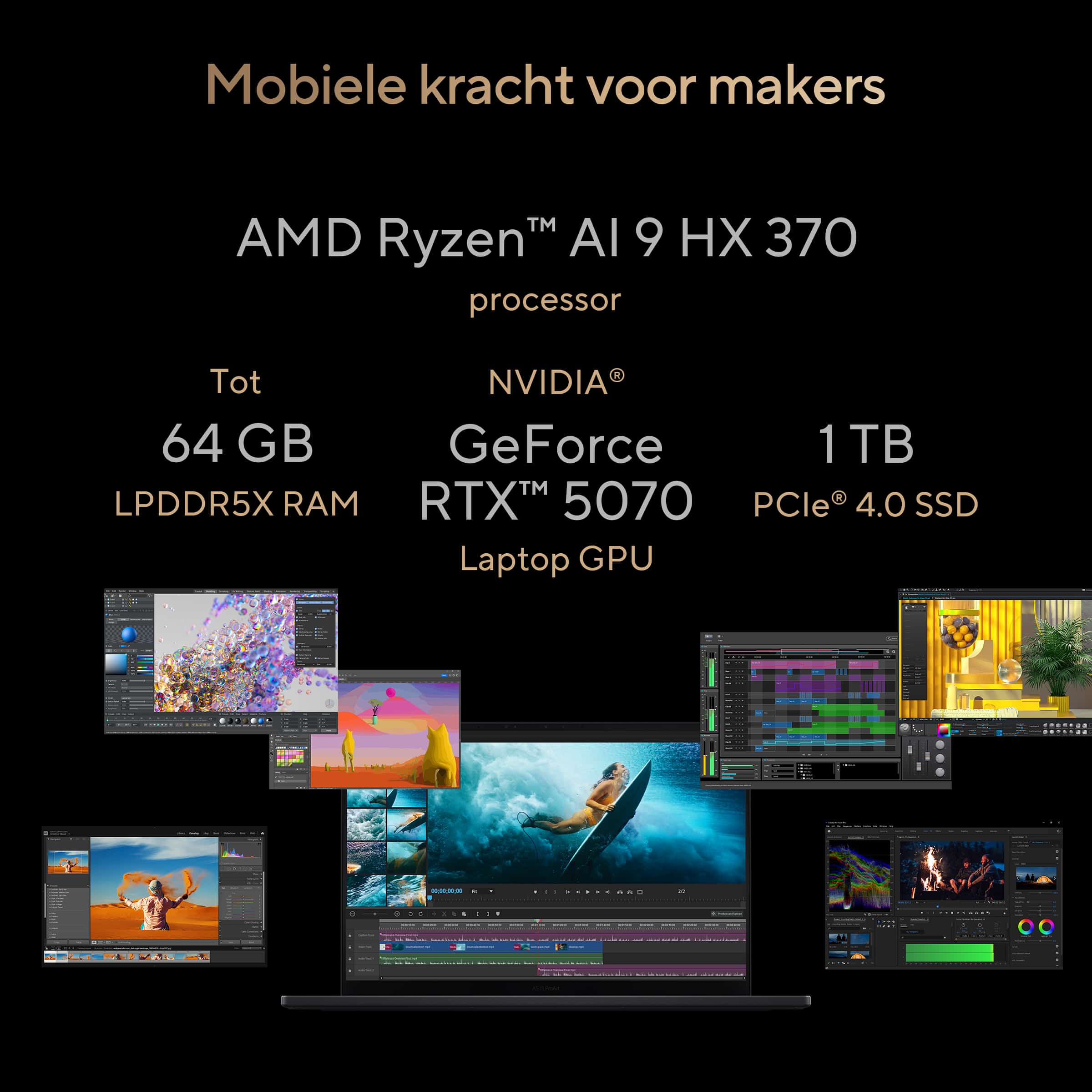 ASUS ProArt P16 H7606WP-RJ129X Copilot+ PC AMD Ryzen AI 9 HX 370 Laptop 40,6 cm (16") Touchscreen 3K 32 GB LPDDR5x-SDRAM 1 TB SSD NVIDIA GeForce RTX 5070 Wi-Fi 7 (802.11be) Windows 11 Pro Belgisch Zwart - Afbeelding 8