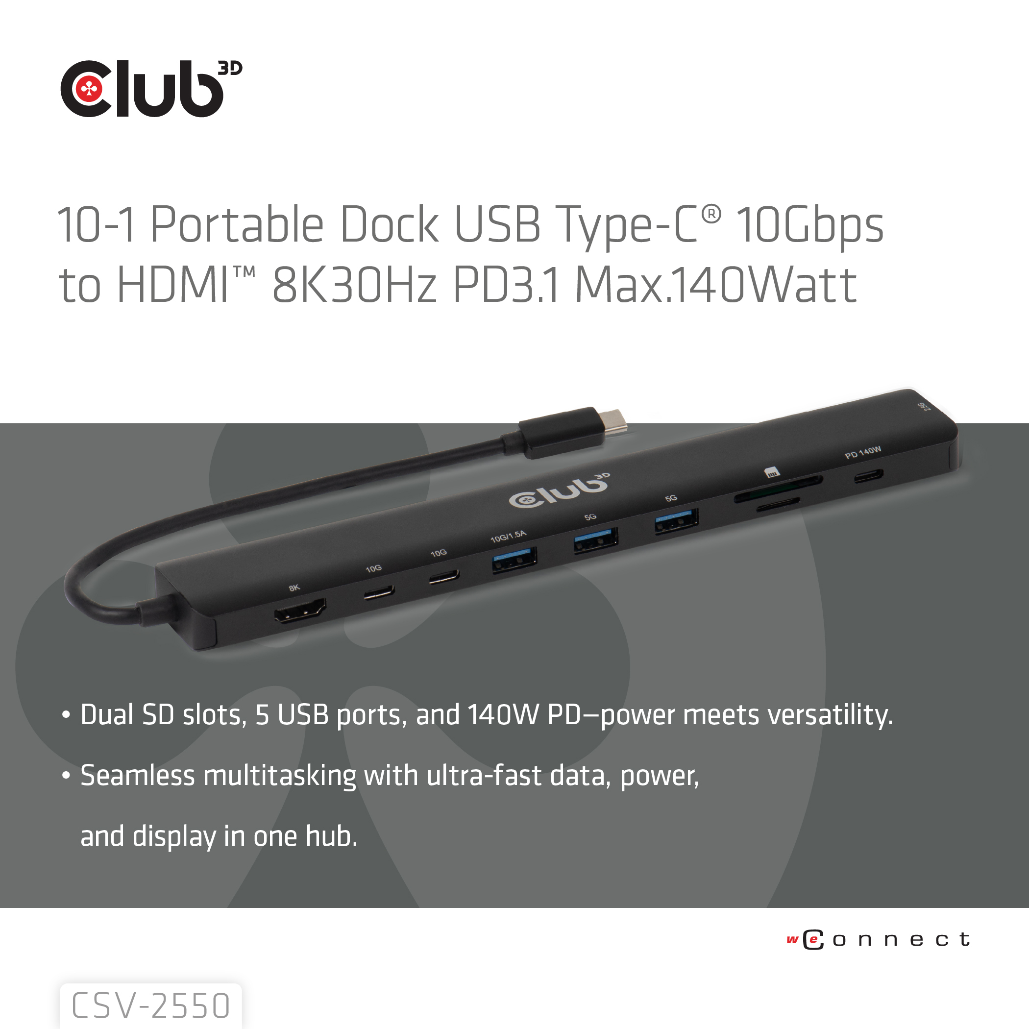 CLUB3D 10-1 Portable Dock USB Type-C® 10Gbps to HDMI™ 8K30Hz PD3.1 Max.140Watt - Afbeelding 7