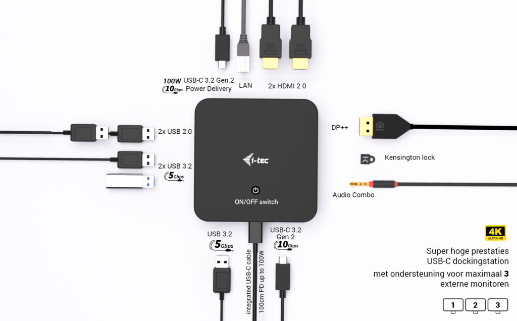 i-tec USB-C DP Dual HDMI Docking Station with Power Delivery 100 W + Universal Charger 100W